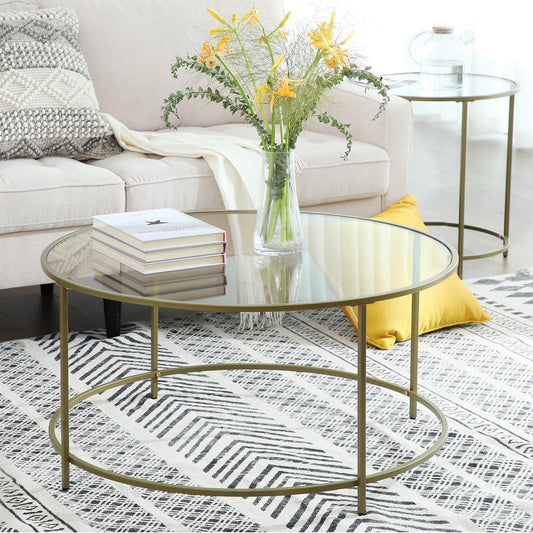 Coffee Table, Round, Glass Table, with Metal Frame, Tempered Glass Bedside Table, Sofa Table, VASAGLE, 2