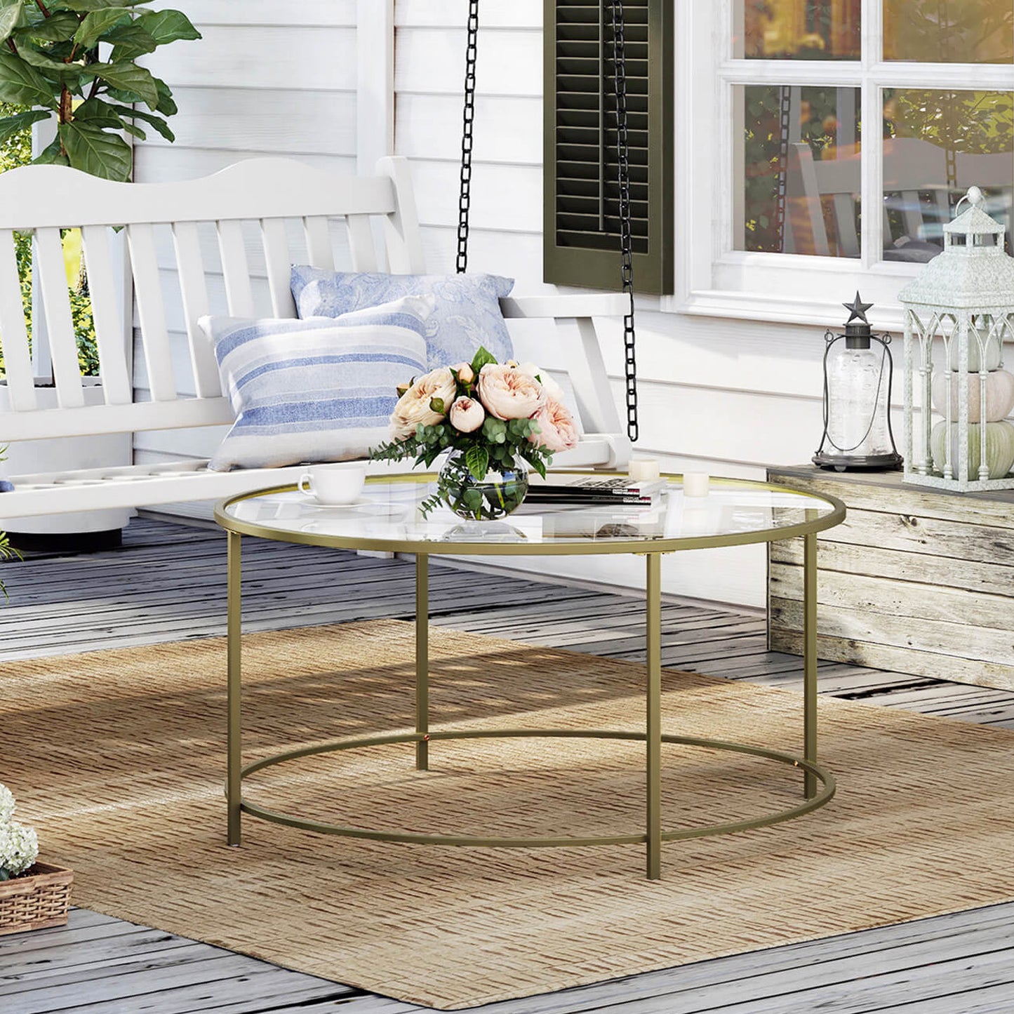 Coffee Table, Round, Glass Table, with Metal Frame, Tempered Glass Bedside Table, Sofa Table, VASAGLE, 4