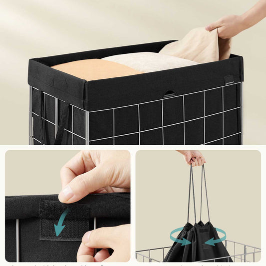 Collapsible Laundry Basket, Fabric Laundry Hamper, Black Laundry Basket, 90L, Metal Wire Frame, SONGMICS, 2