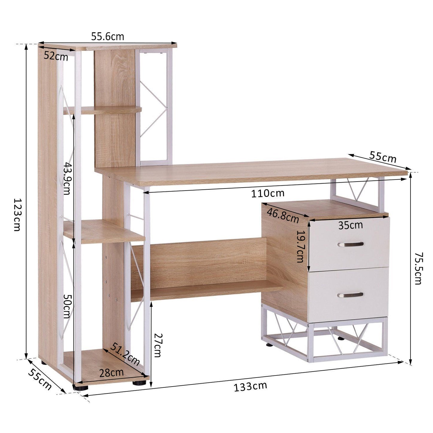 Computer Desk, Writing Desk with Drawers and Multi-Shelves, PC Workstation, Study Furniture, Wood, Orange, HOMCOM, 2