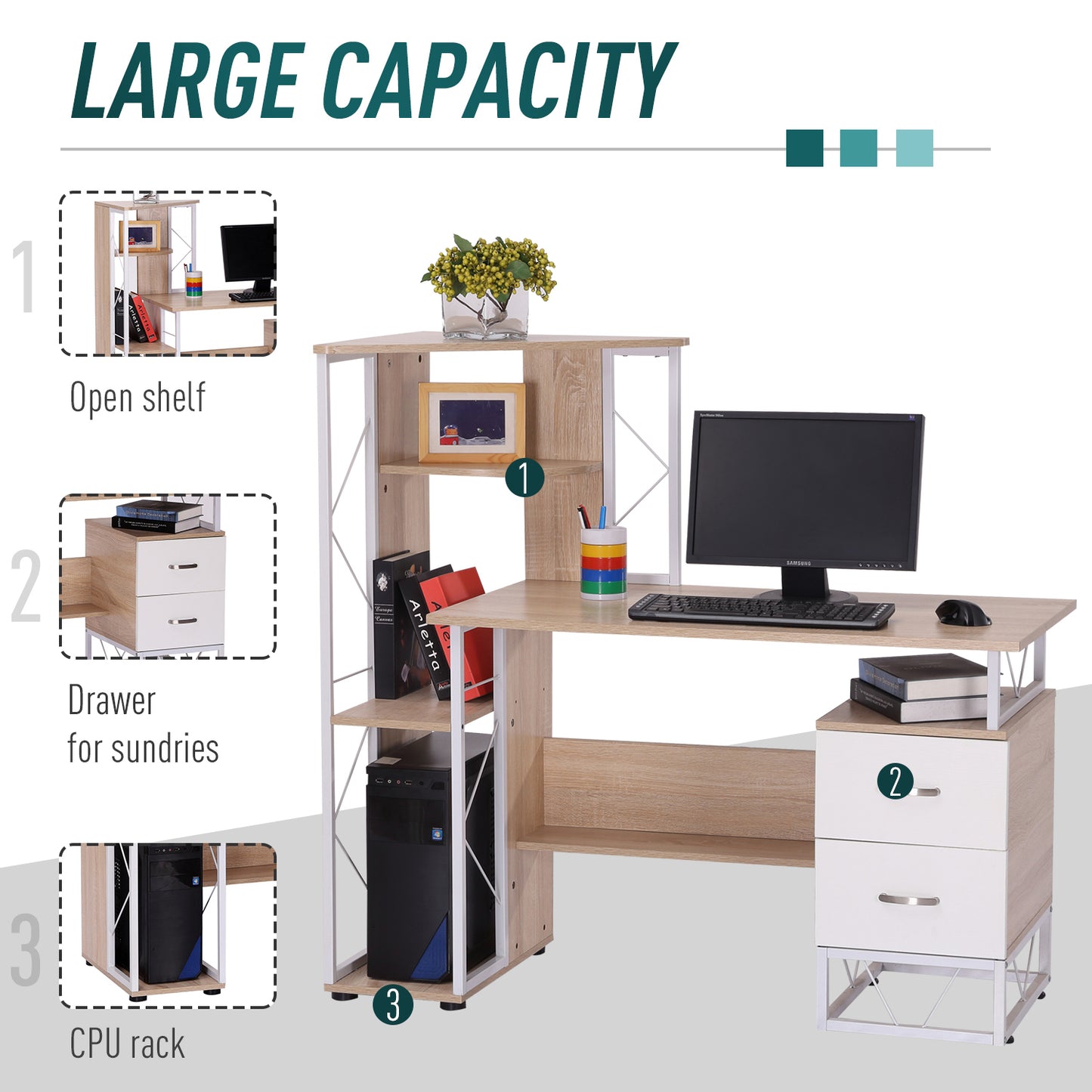 Computer Desk, Writing Desk with Drawers and Multi-Shelves, PC Workstation, Study Furniture, Wood, Orange, HOMCOM, 3