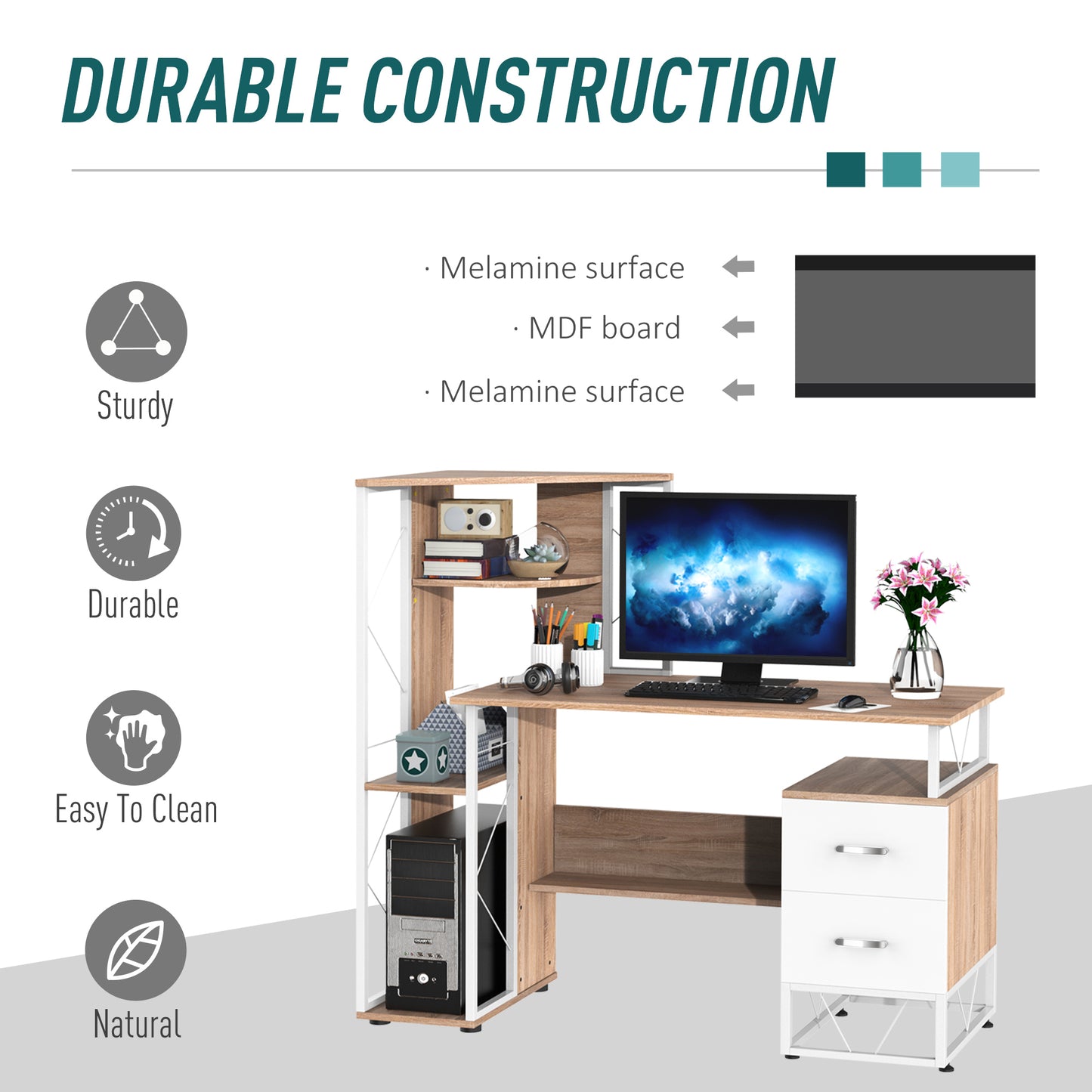 Computer Desk, Writing Desk with Drawers and Multi-Shelves, PC Workstation, Study Furniture, Wood, Orange, HOMCOM, 4