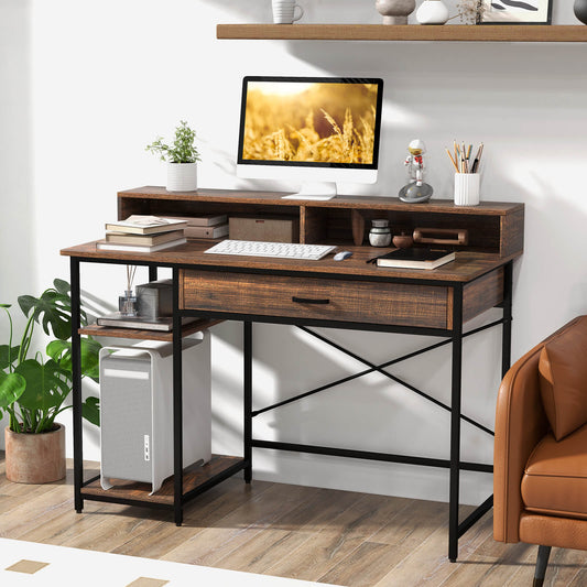 Computer Desk Workstation with Monitor Stand and Drawer-Rustic Brown, Costway, 2