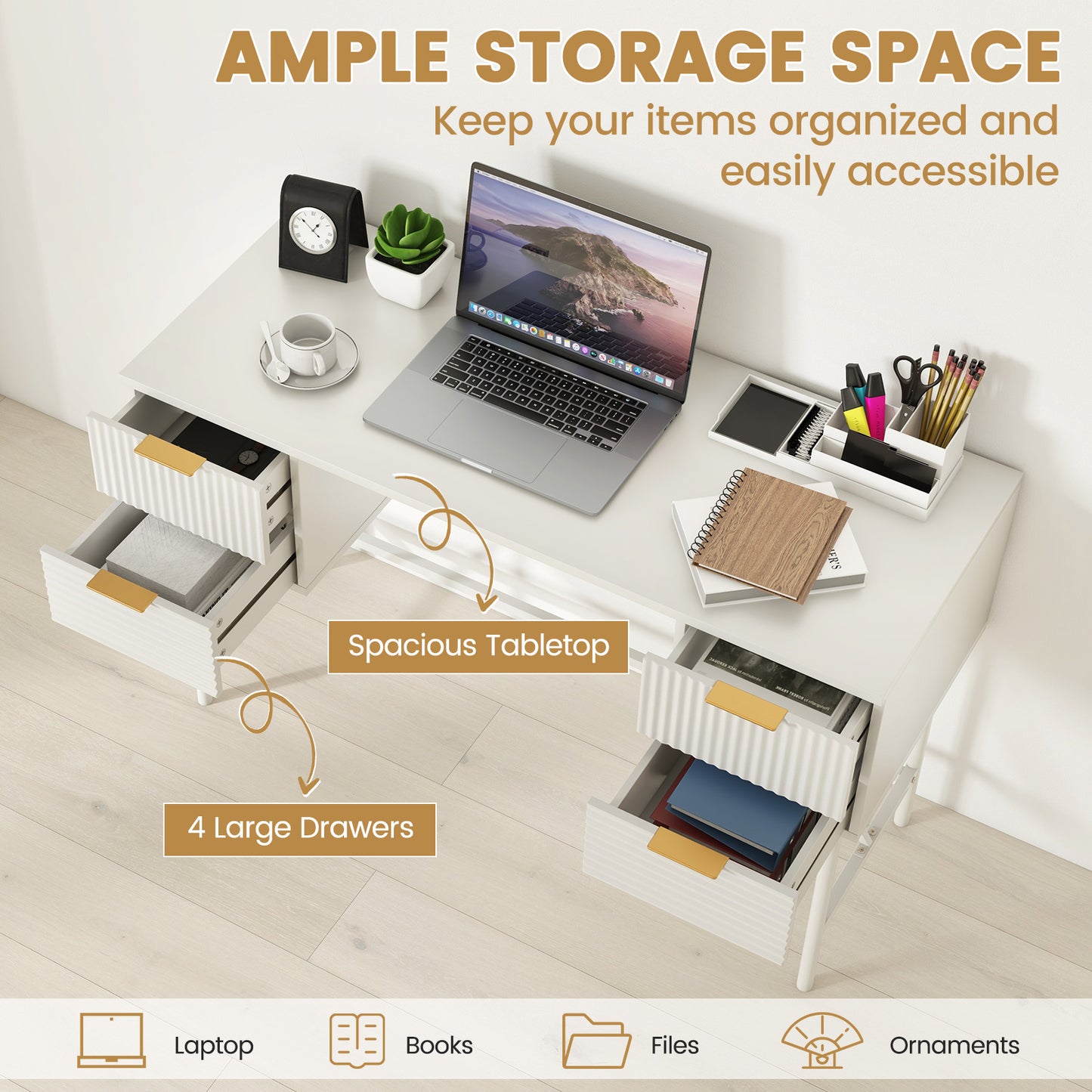 Modern Computer Desk with 4 Drawers and Storage-White, Costway, 7