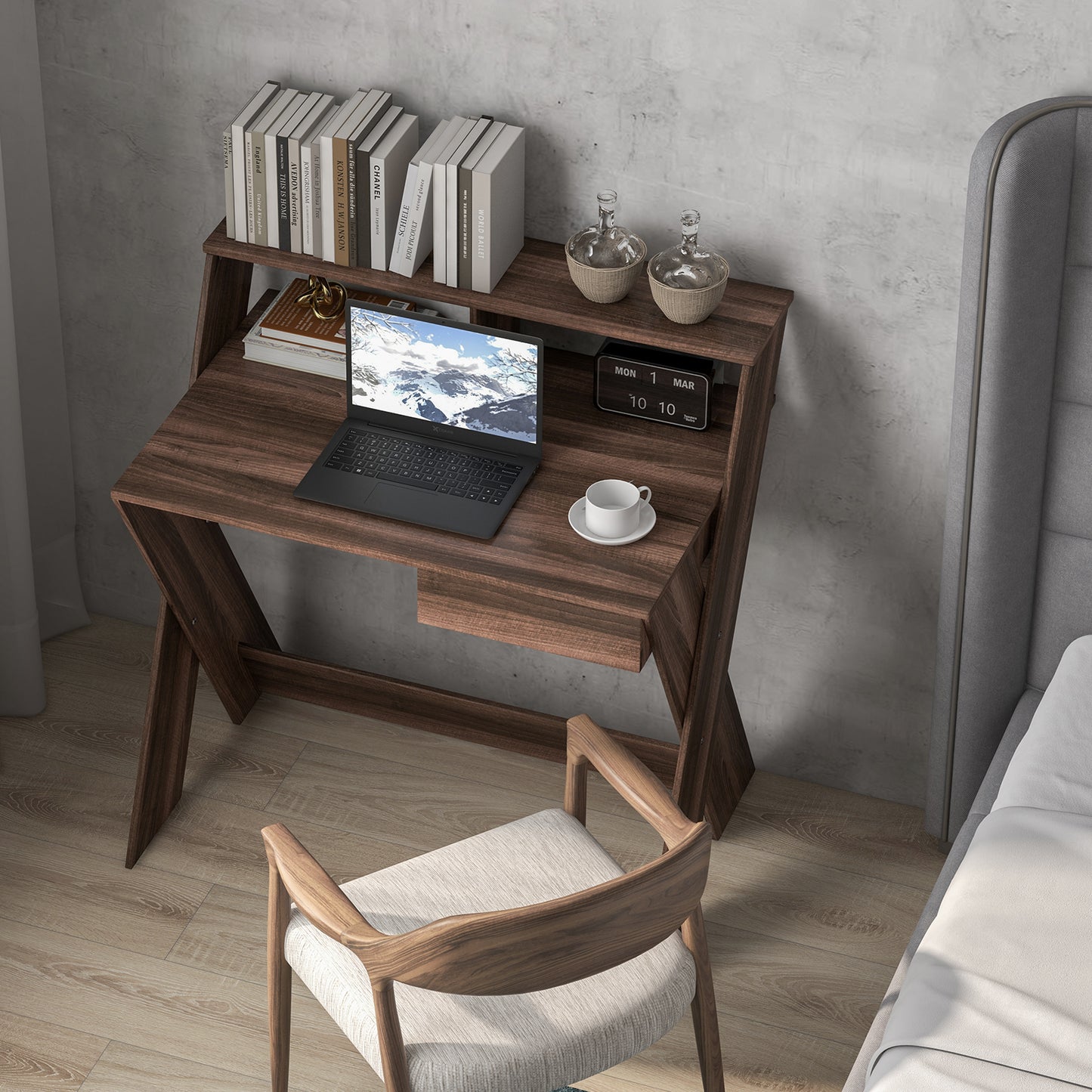 Computer Desk with Storage Drawer and Monitor Stand Riser-Walnut, Costway, 7