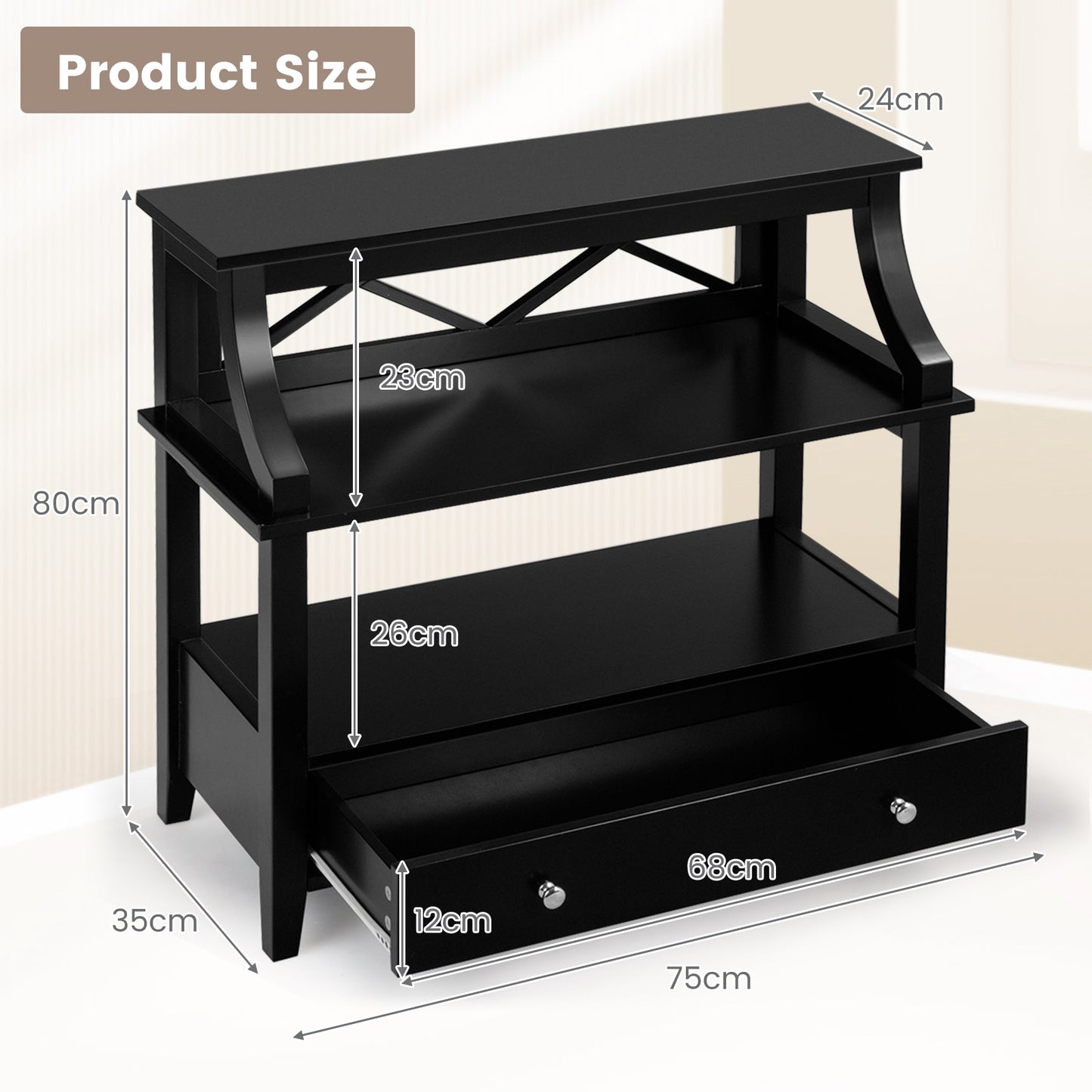 3 Tier Console Table with a Large Drawer for Living Room, Hallway Table, Sofa Table, Black, Costway, 1