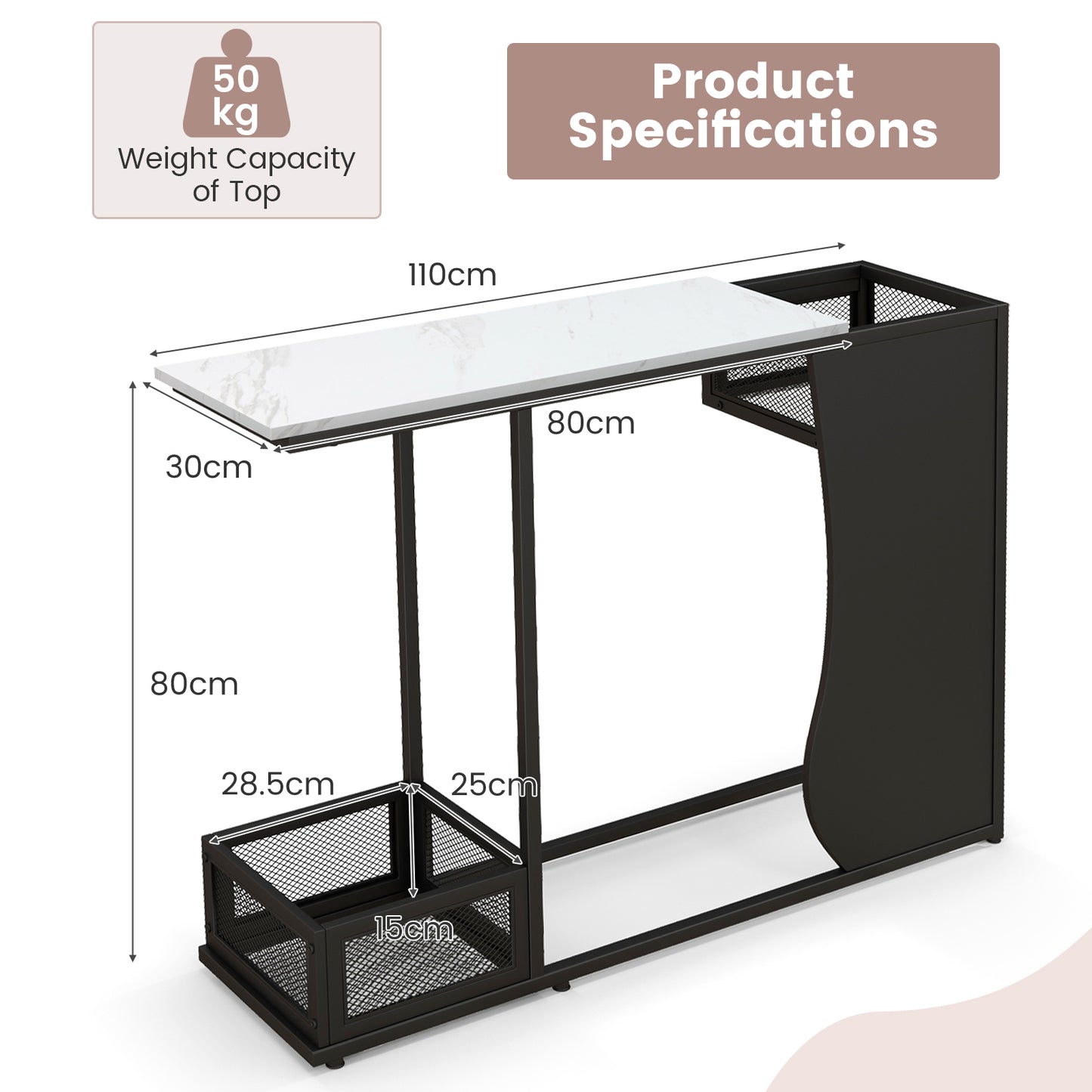 Modern Sofa Accent Console Table with 2 Storage Mesh Cubes, Hallway Table, Sofa Table, Black & White, Costway, 4