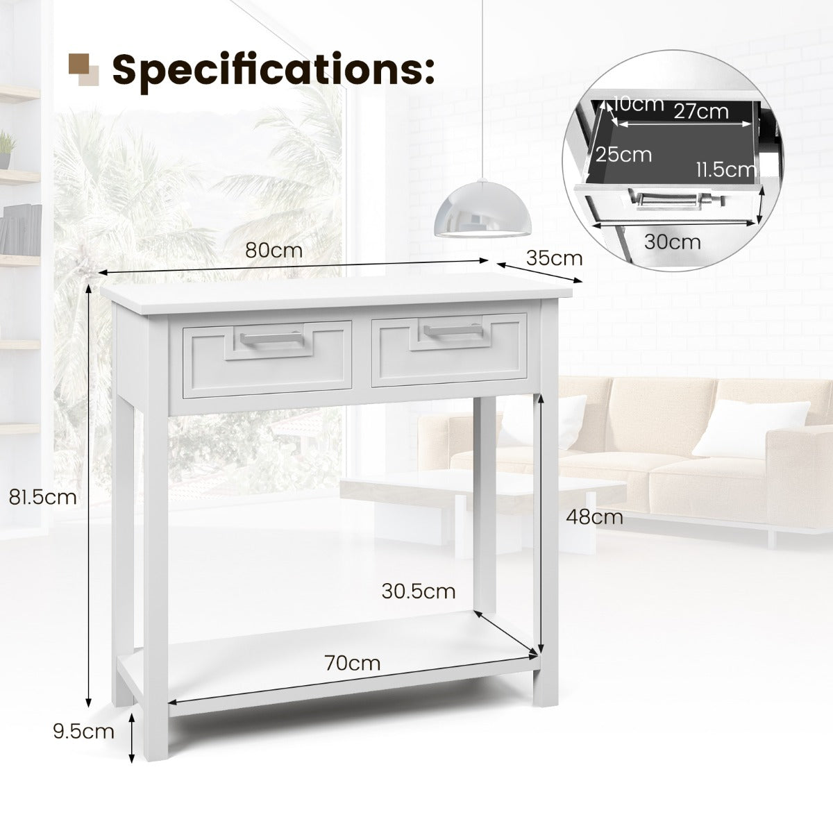 Modern Console Table 2 Drawer with Shelf, Hallway Table, Sofa Table, White, Costway, 4