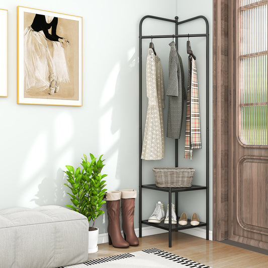 Corner Coat Rack with Shelves and Top Hanger-Black, Costway, 2