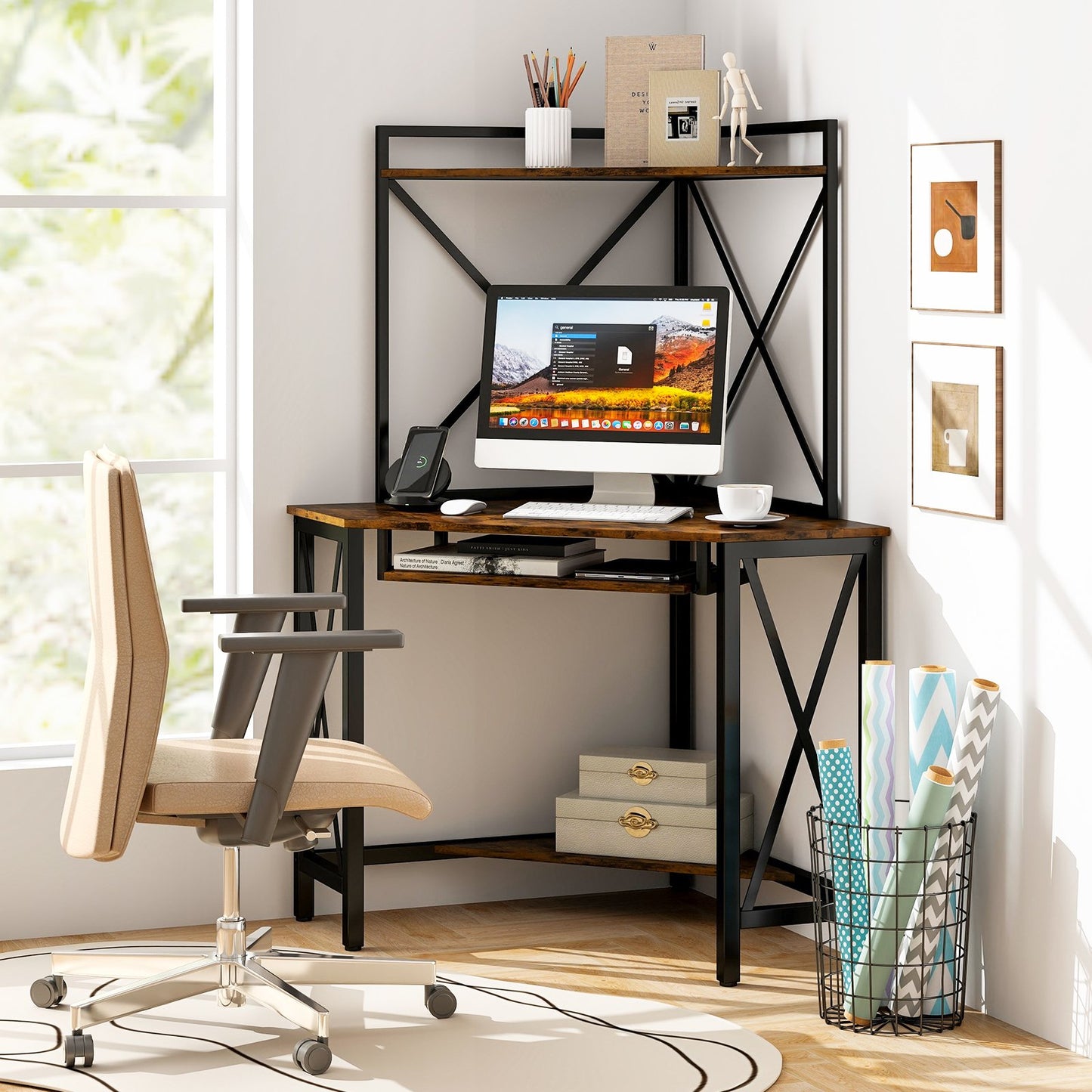 Corner Computer Desk with Hutch Storage Shelves and Keyboard Tray-Rustic Brown, Costway, 2