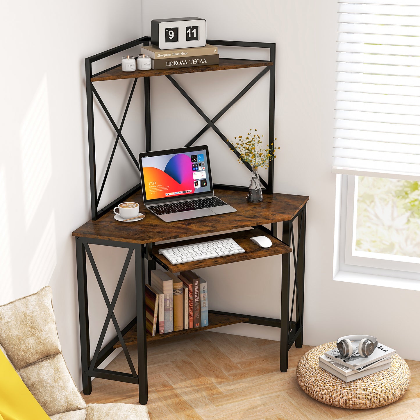 Corner Computer Desk with Hutch Storage Shelves and Keyboard Tray-Rustic Brown, Costway, 3