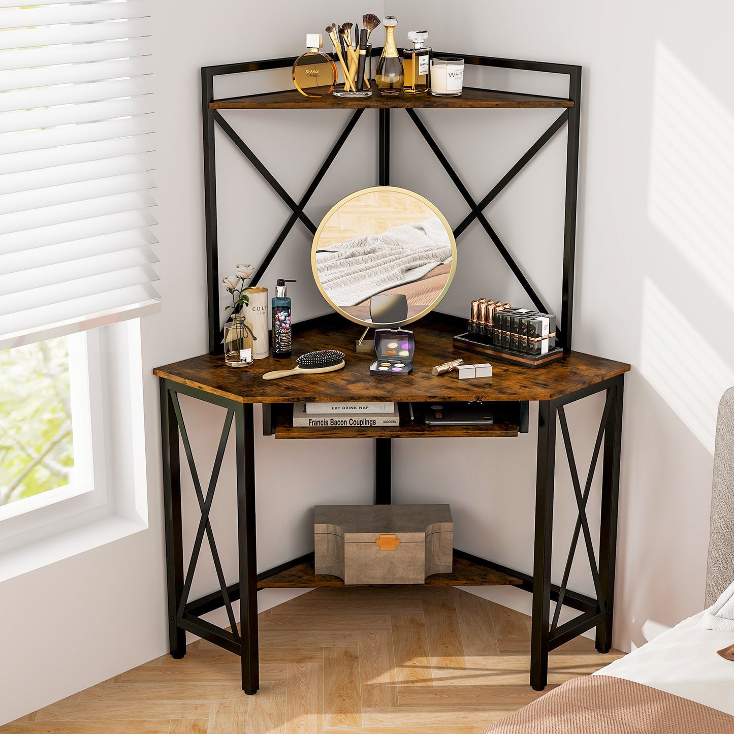 Corner Computer Desk with Hutch Storage Shelves and Keyboard Tray-Rustic Brown, Costway, 6