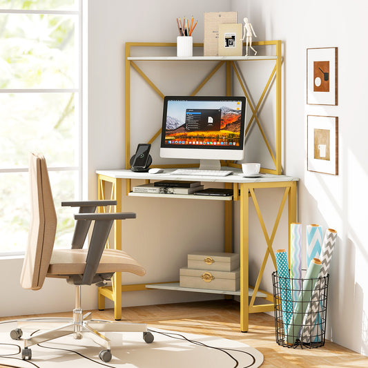 Corner Computer Desk with Hutch Storage Shelves and Keyboard Tray-White, Costway, 2