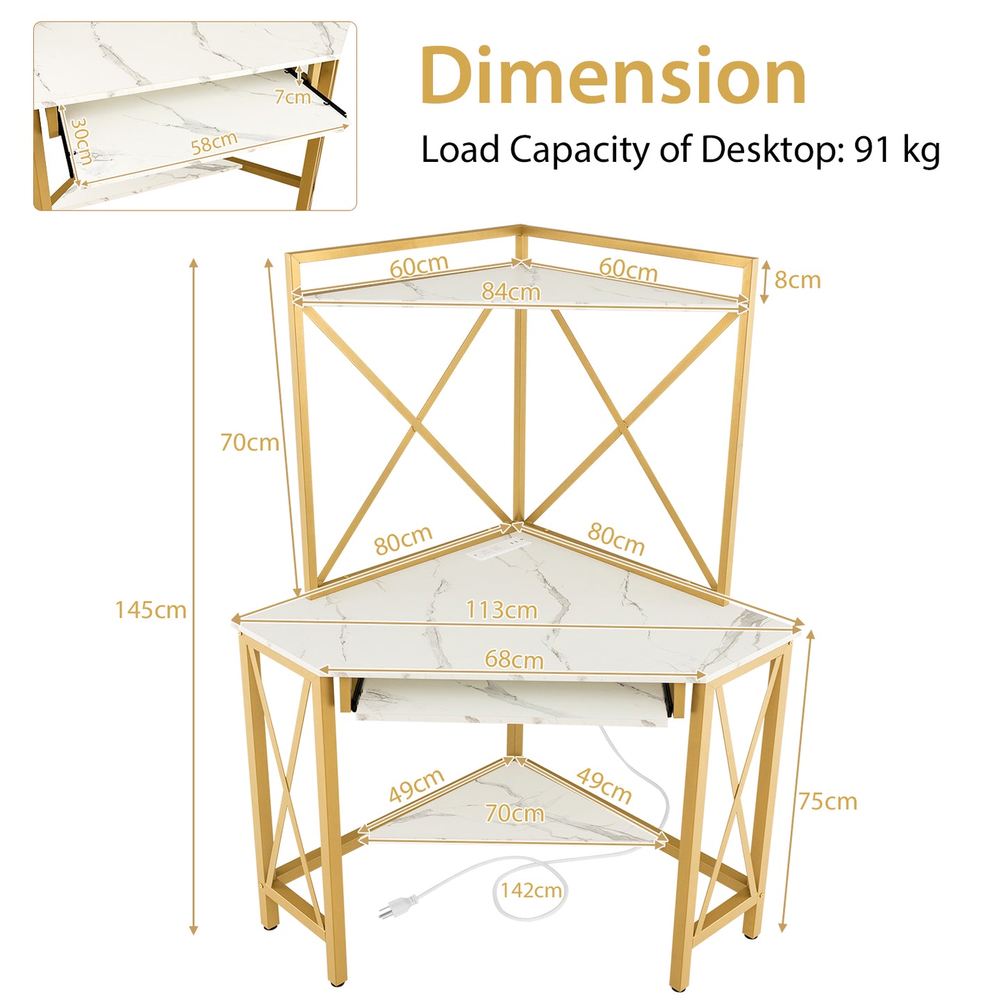 Corner Computer Desk with Hutch Storage Shelves and Keyboard Tray-White, Costway, 5