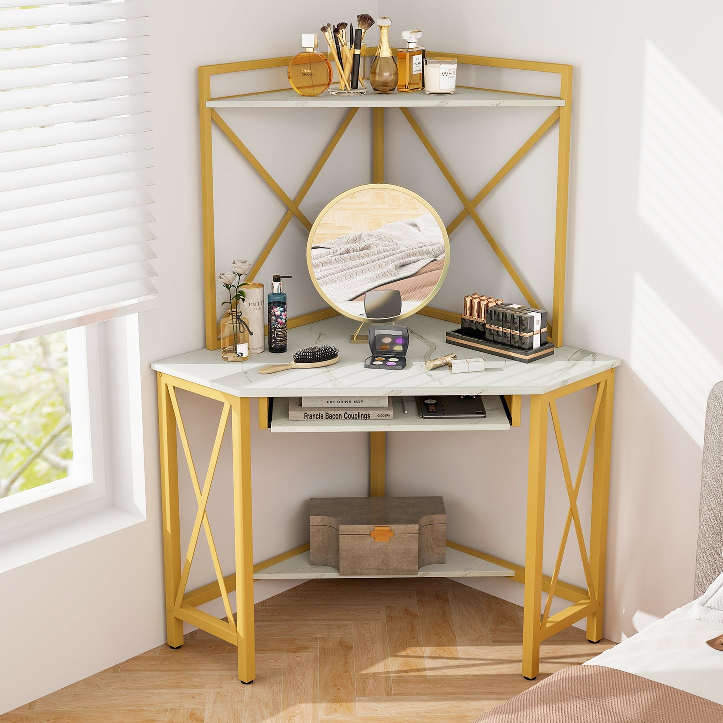 Corner Computer Desk with Hutch Storage Shelves and Keyboard Tray-White, Costway, 6