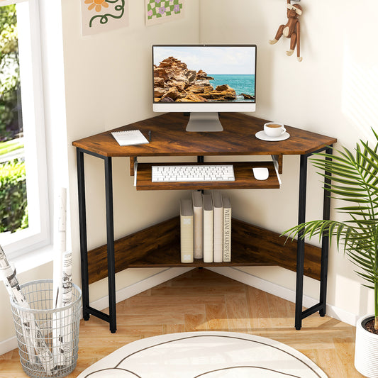 Corner Desk with Power Outlets Small Computer Desk-Rustic Brown, Costway, 2