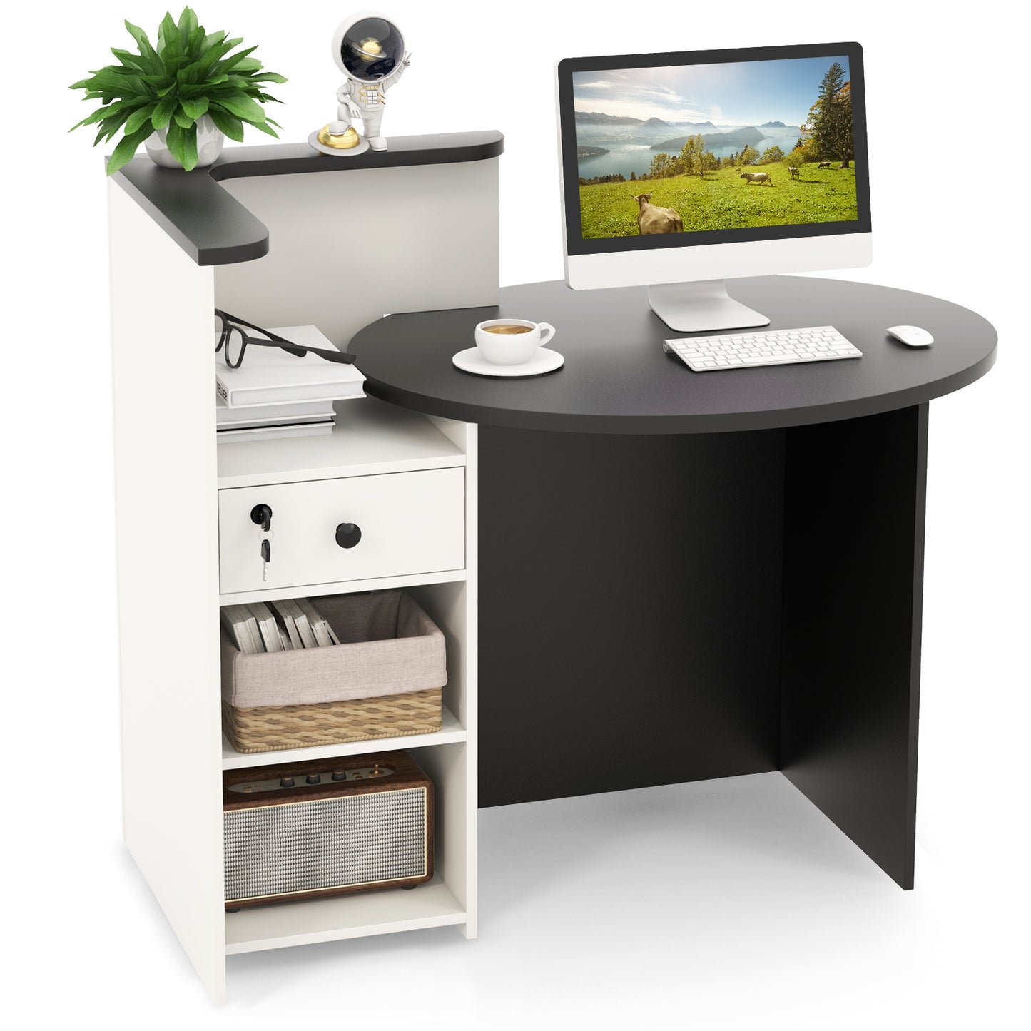 Corner Front Reception Counter Desk with Lockable Drawer-Black, Costway, 2