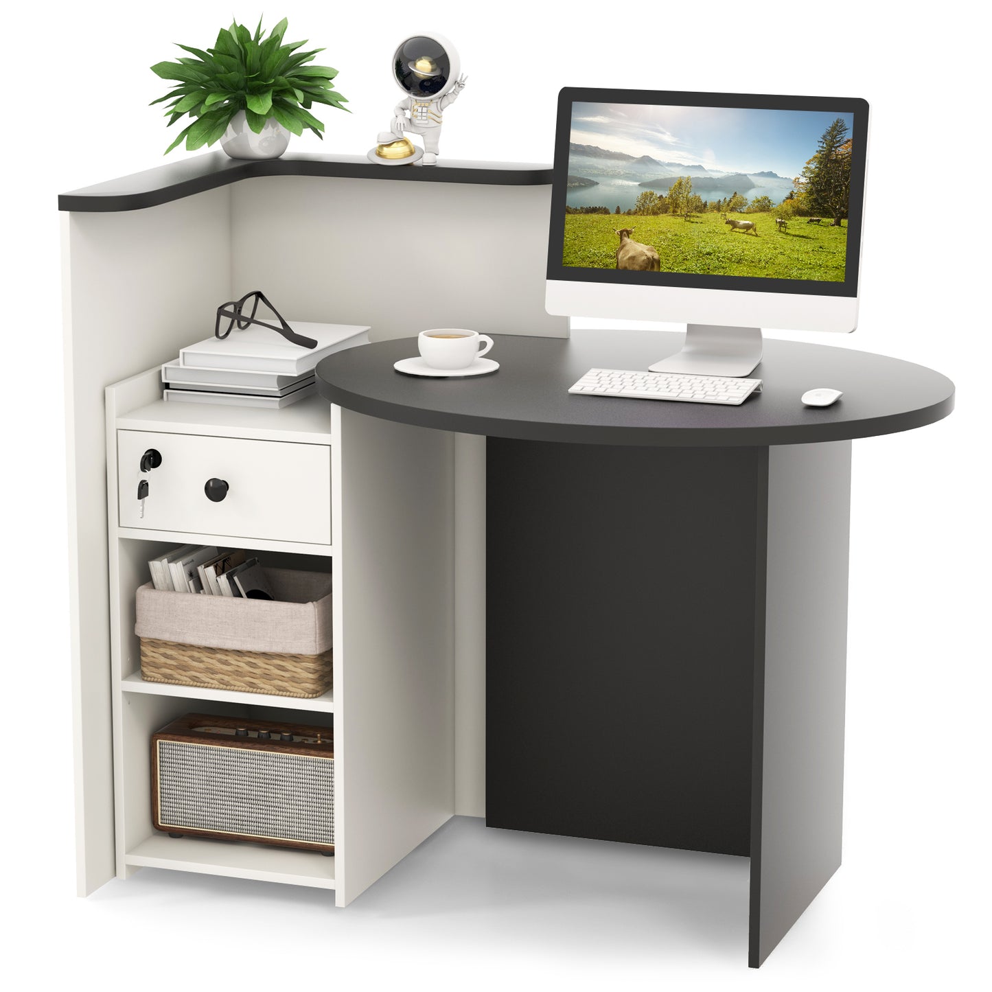 Corner Front Reception Counter Desk with Lockable Drawer-Black, Costway, 4