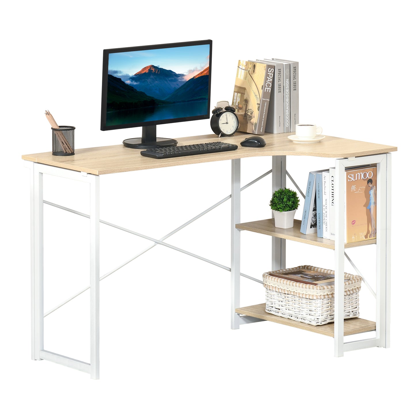 Folding Desk, L Shaped Desk, Corner Computer Desk with 2-Tier Storage Shelf for Home Office, Study Room, Workstation, Easy Assembly, 120 x 72.5 x 76.5cm, Oak Tone, HOMCOM, 1