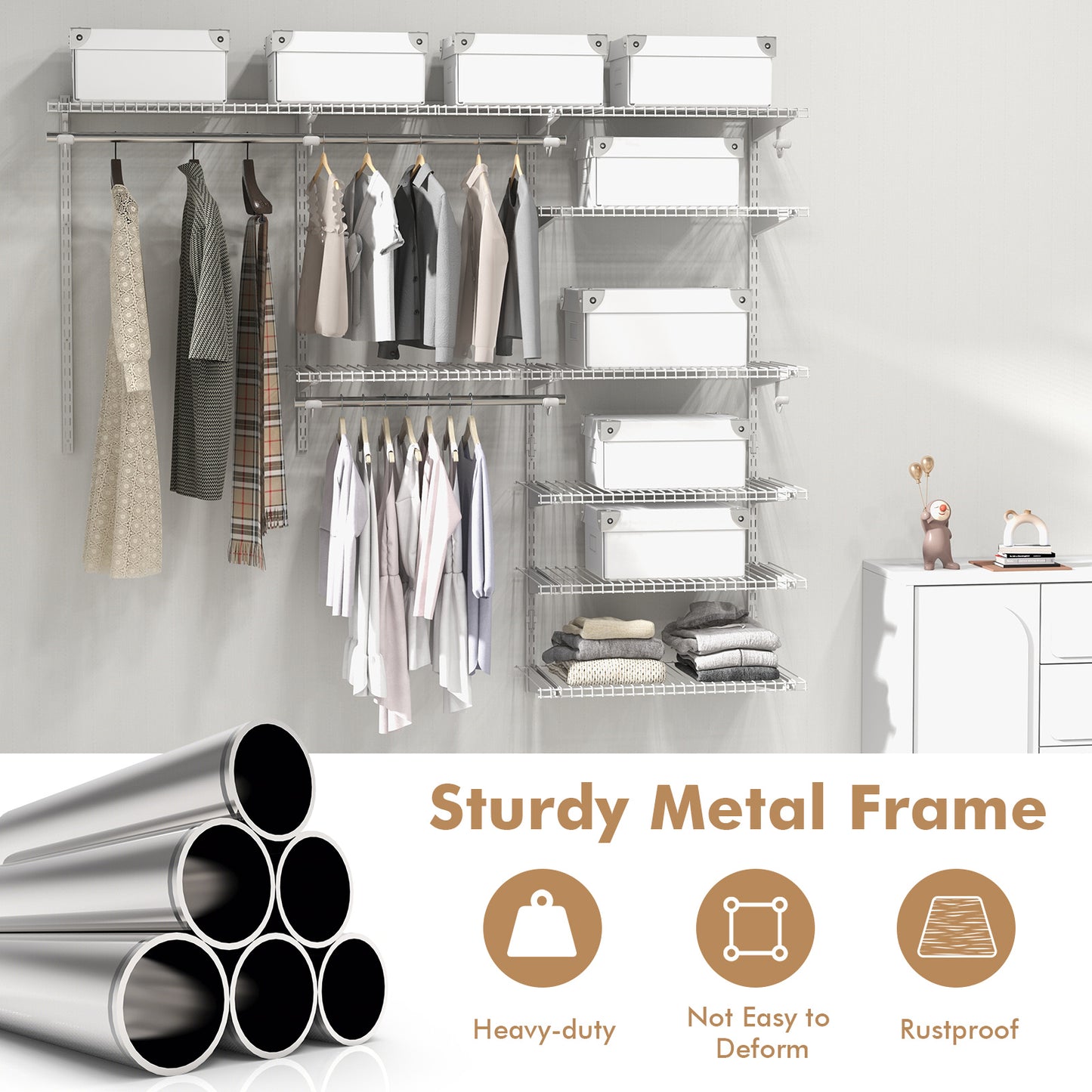 Custom Closet Organizer System Kit with Shelves-White, Costway, 7