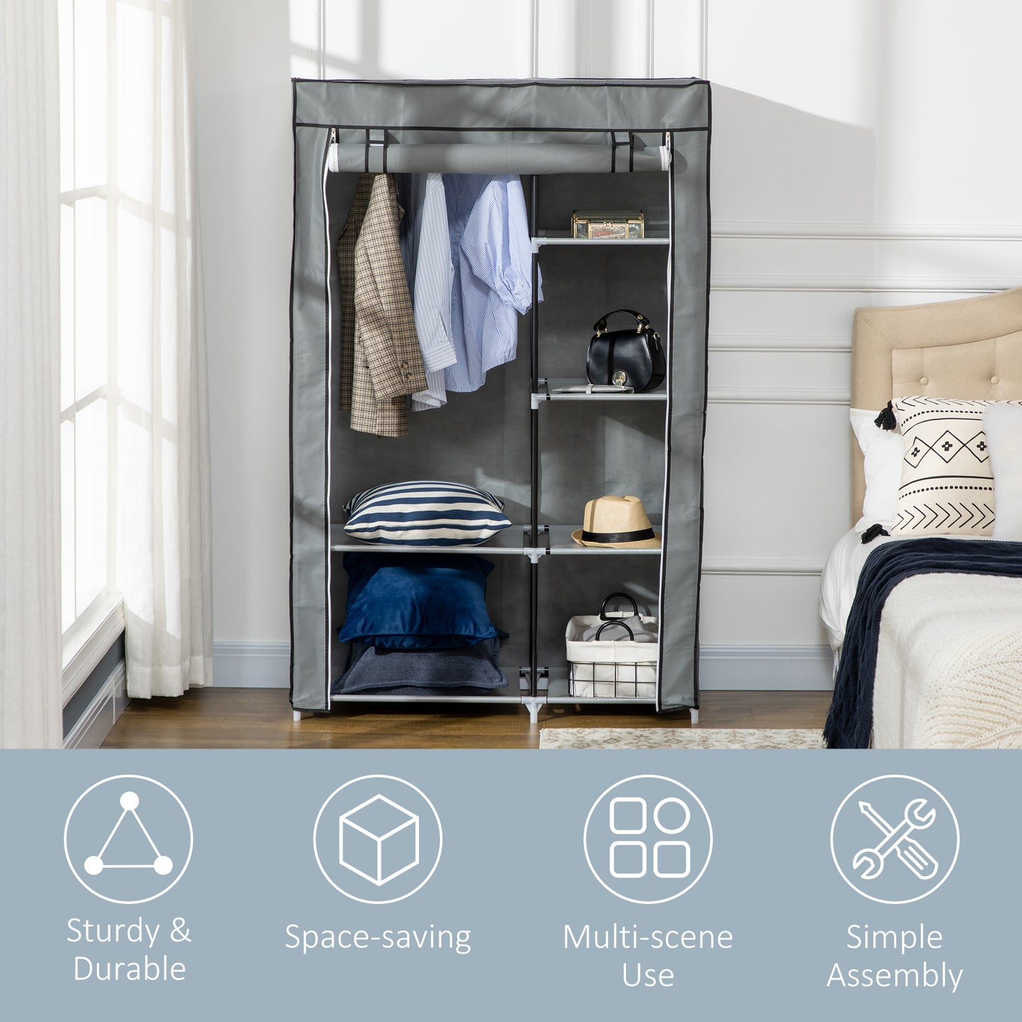 Fabric Wardrobe, Portable Wardrobe with 6 Shelves, 1 Hanging Rail, Foldable Closets, 103 x 43 x 162.5 cm, Light Grey, HOMCOM, 6