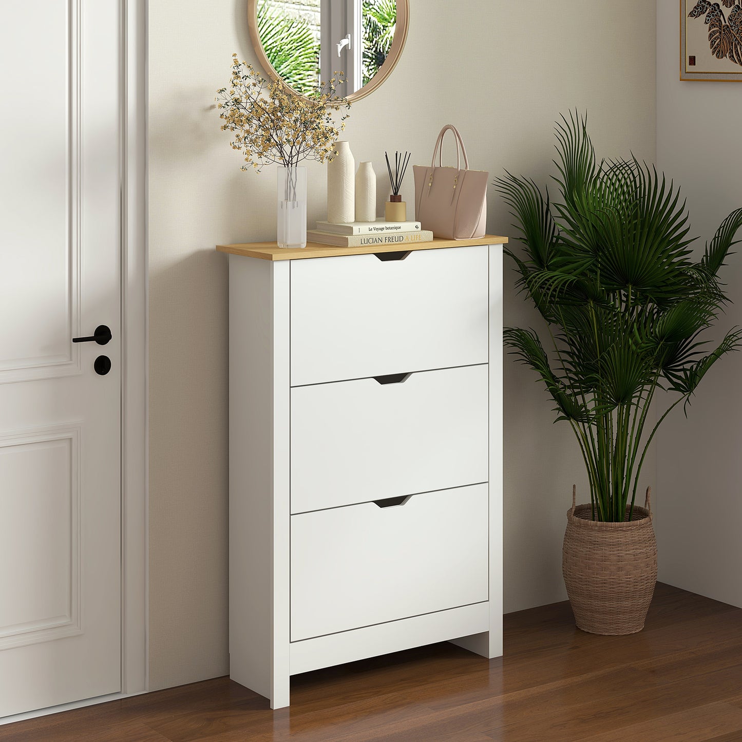 Slim Shoe Cabinet, Narrow Shoe Cupboard with 3 Flip Drawers, Adjustable Shelves for 18 Pairs of Shoes for Hallway, White, HOMCOM, 2