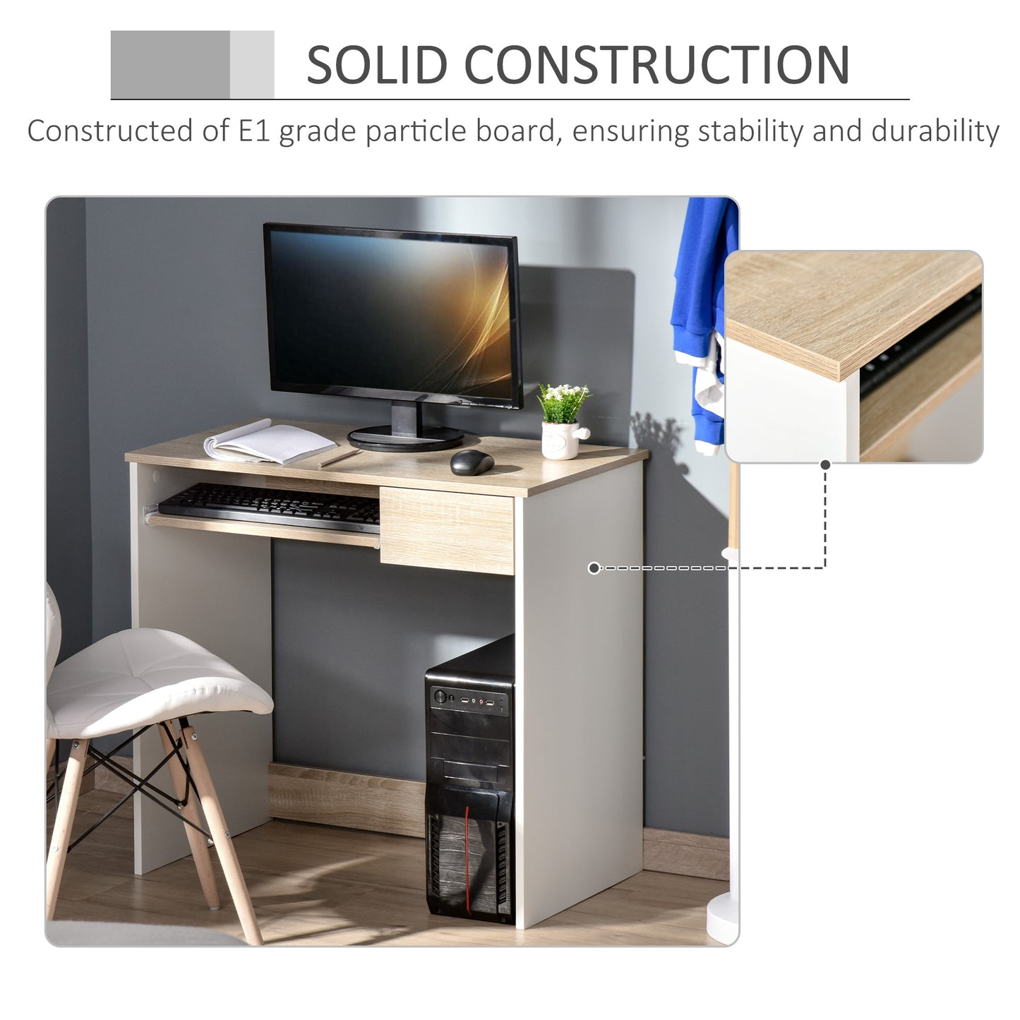 Compact Computer Table with Keyboard Tray Drawer Study Office Working Writing Desk, Oak Colour, HOMCOM, 5