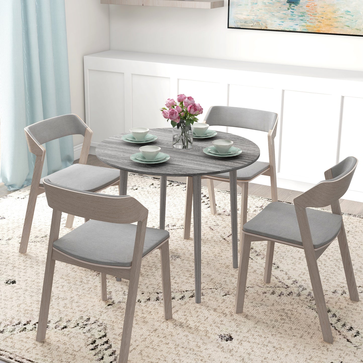 Folding Dining Table for 4, Round Drop Leaf Table, Extendable Dining Table, Small Kitchen Table, Grey, HOMCOM, 2