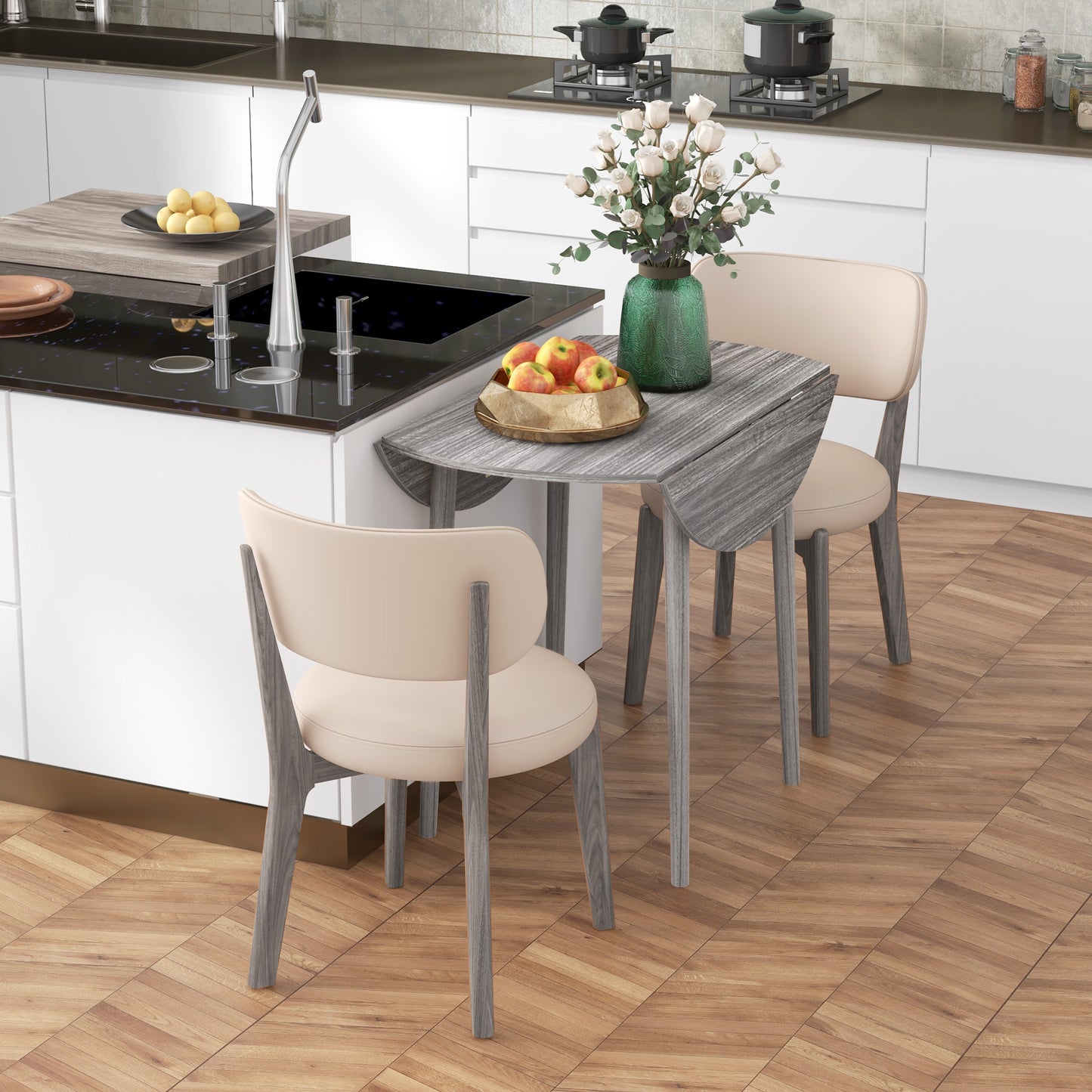 Folding Dining Table for 4, Round Drop Leaf Table, Extendable Dining Table, Small Kitchen Table, Grey, HOMCOM, 7