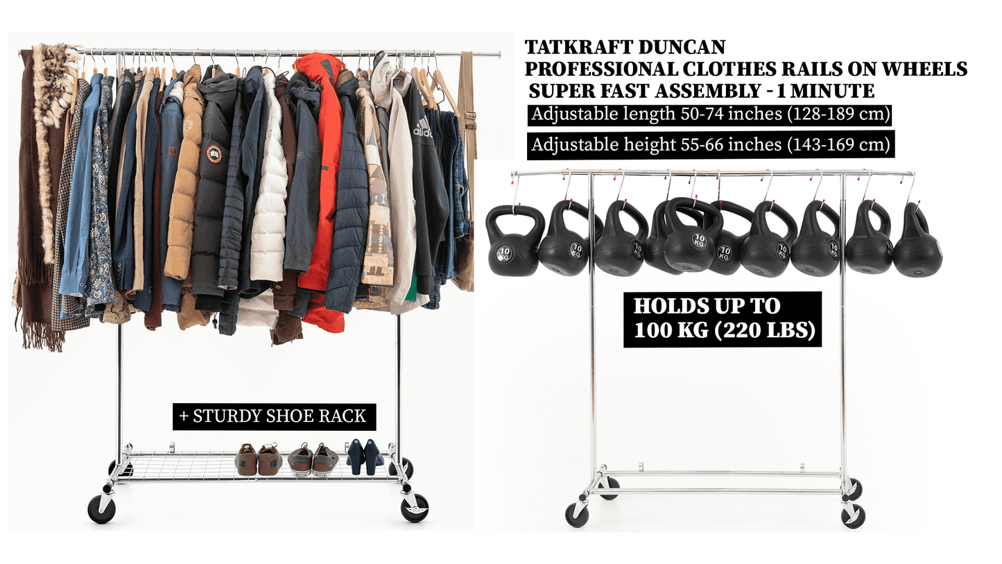 Heavy Duty Clothes Rail, Industrial Clothes Rail, Hanging, Extendable Clothes Rail, Foldable, on Wheels, Tatkraft Duncan, 7