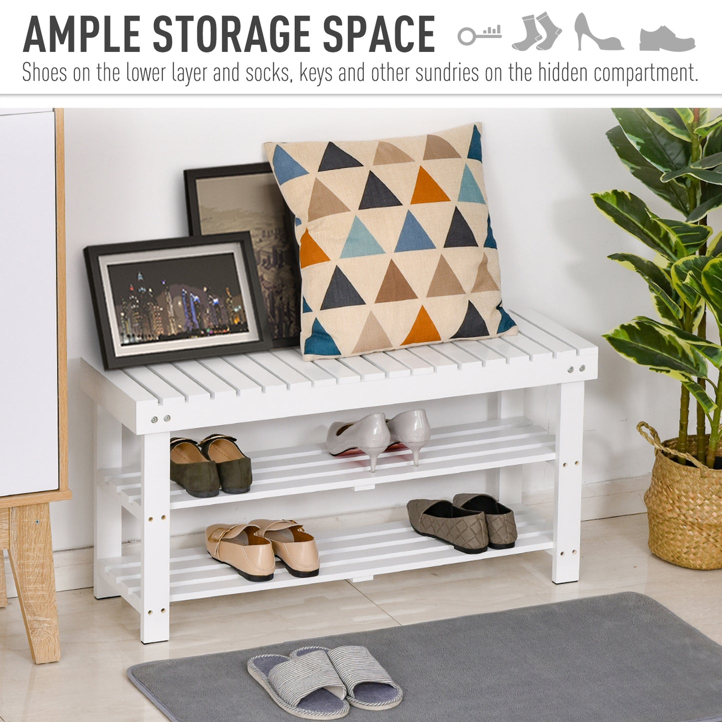 Shoe Bench, 3-Tier Wooden Shoe Rack with Hidden Storage Compartment, Slatted Shelves, Home Storage Unit, Hallway Furniture, White, 90L x 29W x45H cm, HOMCOM, 4