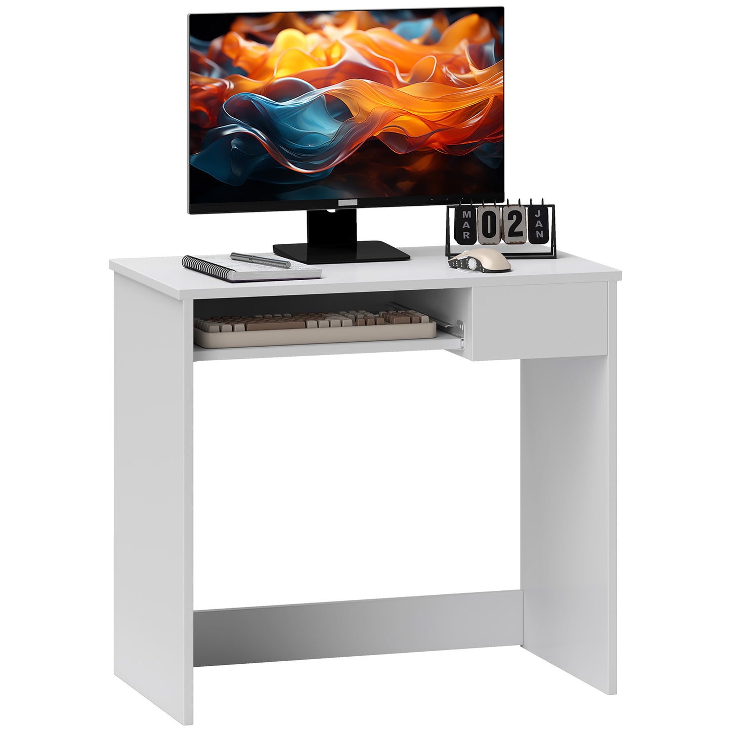 Compact Computer Table with Keyboard Tray Drawer Study Office Working Writing Desk, White, HOMCOM, 1
