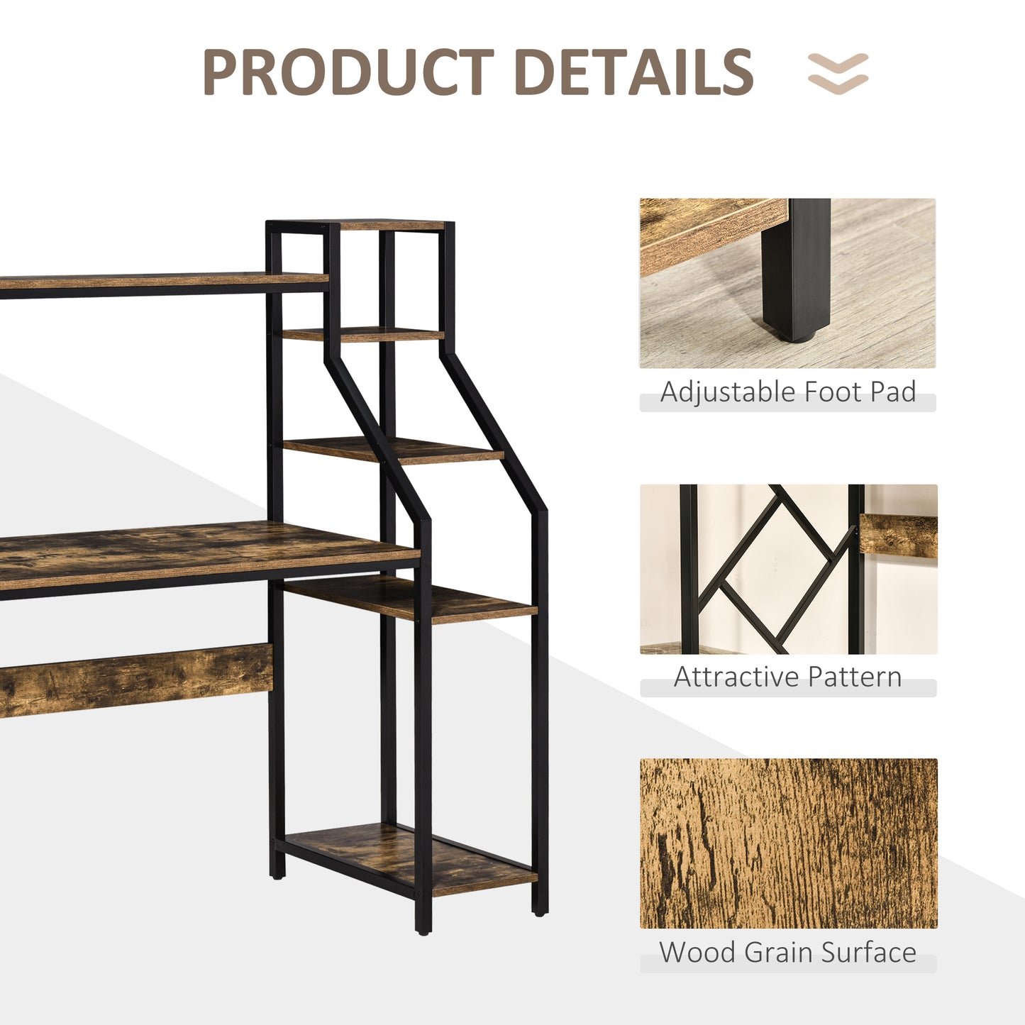 Computer Desk with Bookshelf, Industrial Writing Table with 6 Tier Storage Shelves for Home Office, Bedroom, Study, 150 x 55 x 138cm, Rustic Brown, HOMCOM, 5
