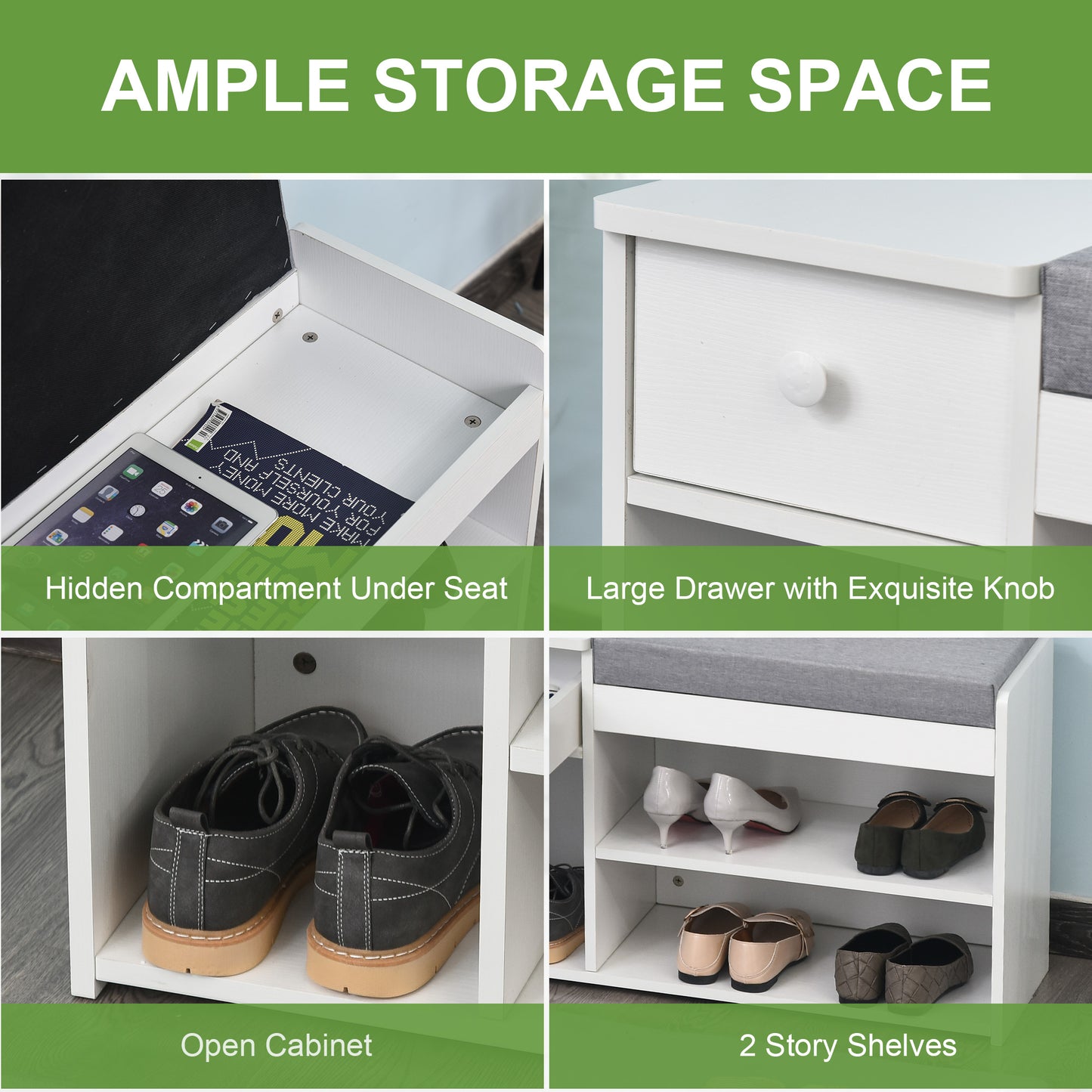 Multi-Storage Shoe Bench w/ Drawer 3 Compartments Cushioned Home Organisation Furniture Tidy Boots Hallway Entryway White, HOMCOM, 5