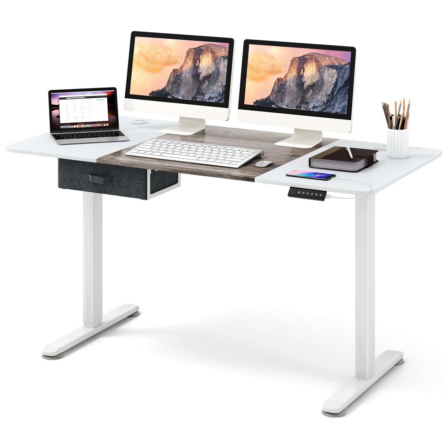Electric Height Adjustable Standing Desk with USB Charging Port-Grey, Costway, 1