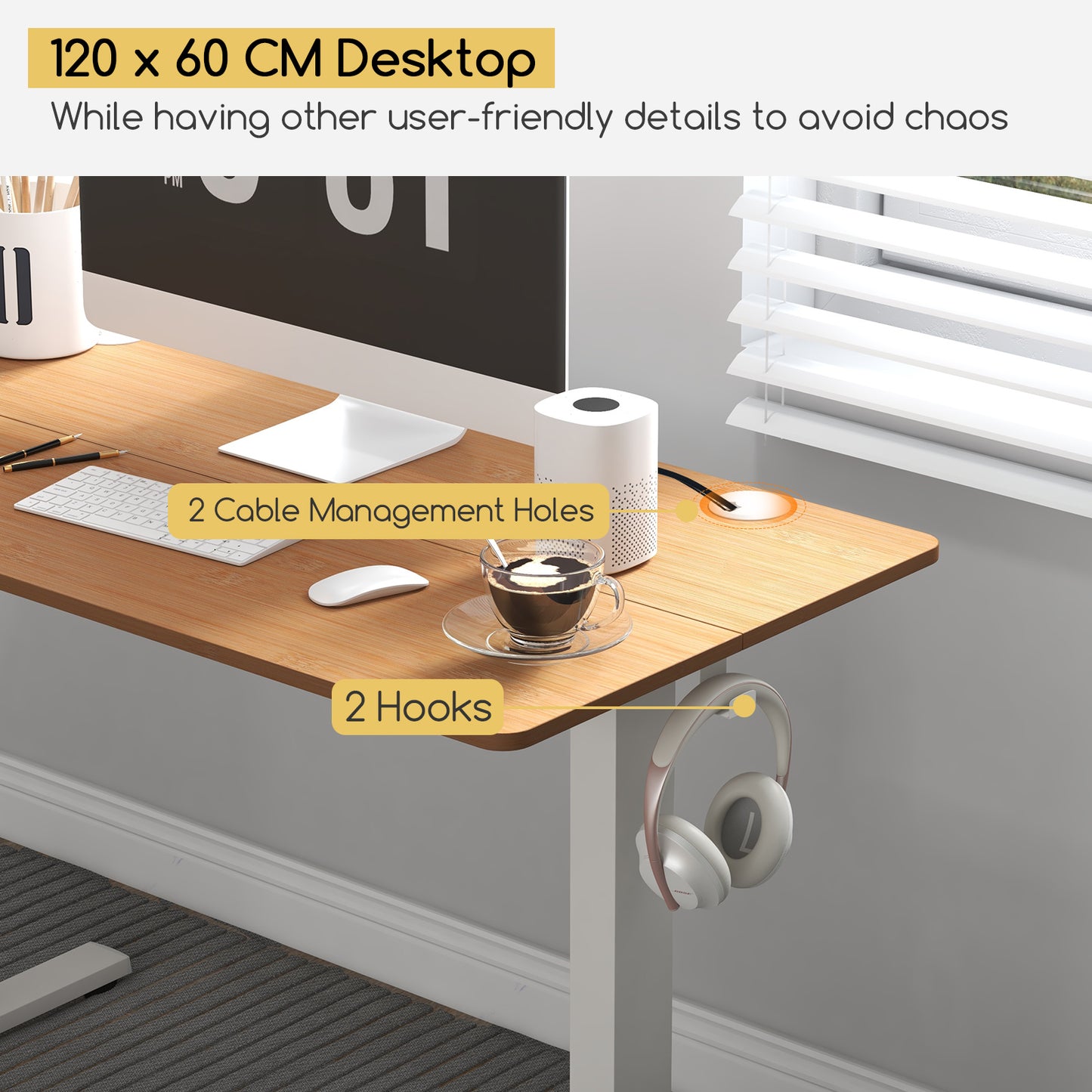 120 x 60cm Height Adjustable Standing Desk with 3 Memory Heights-Natural, Costway, 1