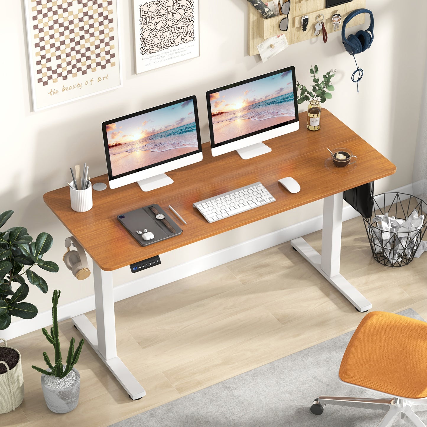 140 x 60 CM Height Adjustable Standing Desk with 3 Memory Heights-Natural, Costway, 1