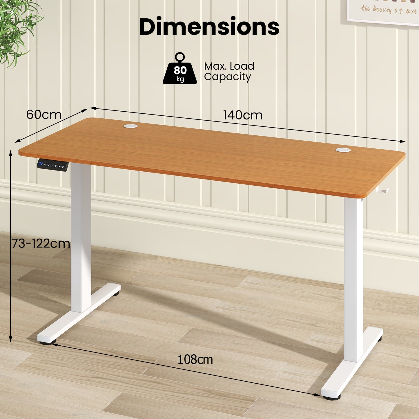 140 x 60 CM Height Adjustable Standing Desk with 3 Memory Heights-Natural, Costway, 1