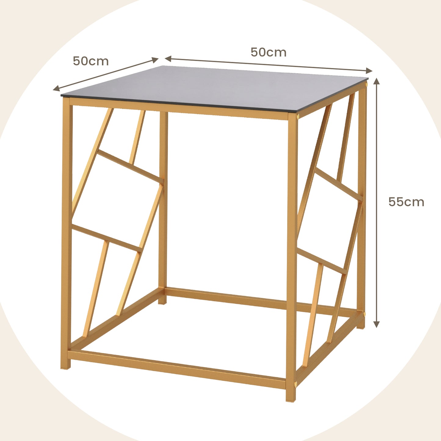 Bedside Table, Side Table, Square End Table with Tempered Glass and Gold Finish Geometric Frame, Black, Costway, 4