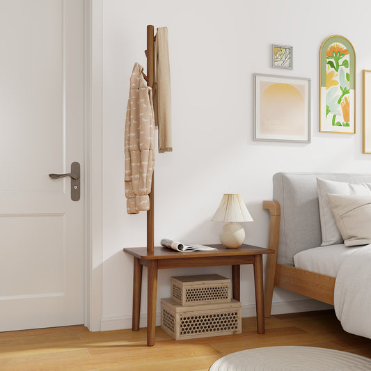 Solid Wood Coat Tree with 2-in-1 Side Table and 3 Hooks for Hats Bags Coats-Coffee, Costway, 2