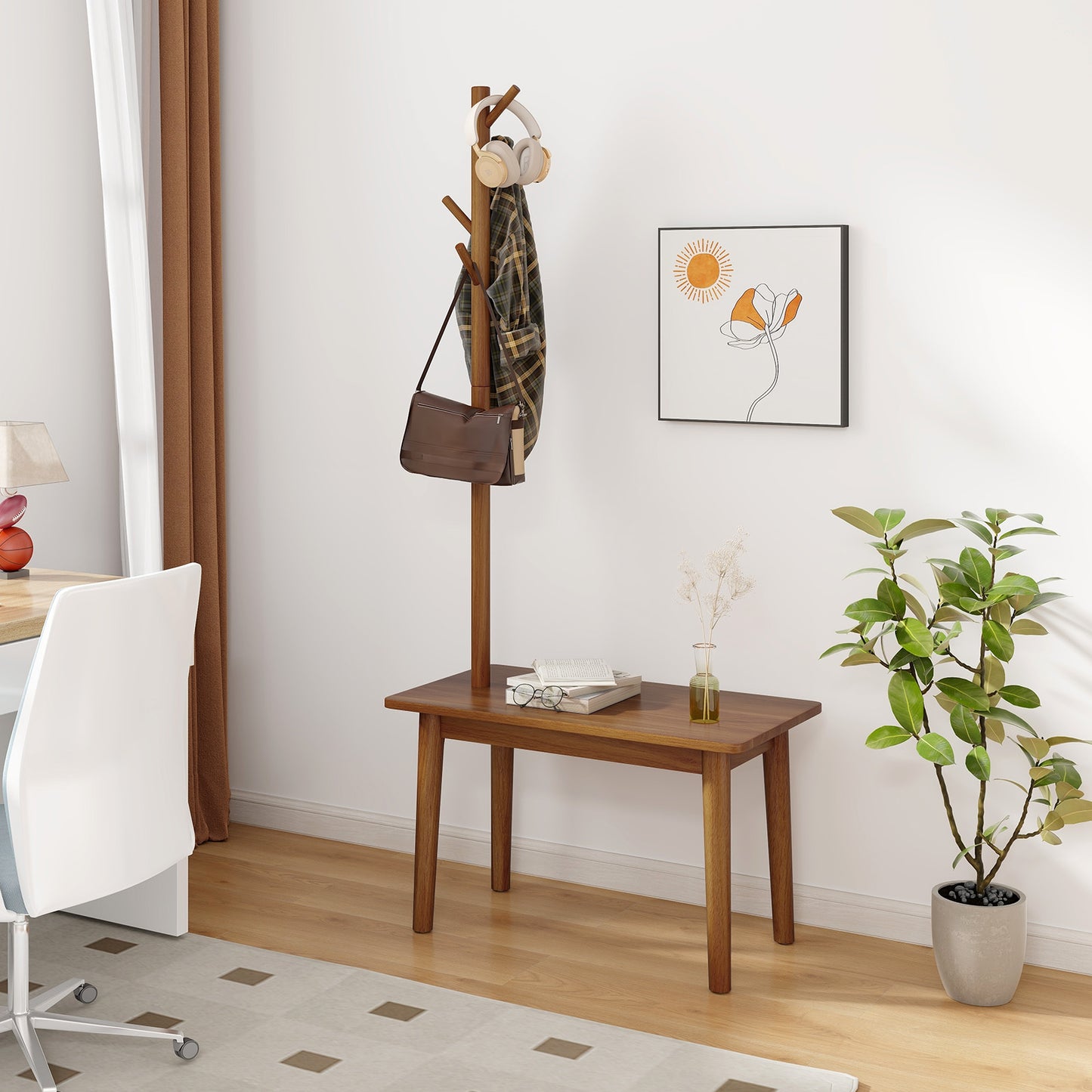 Solid Wood Coat Tree with 2-in-1 Side Table and 3 Hooks for Hats Bags Coats-Coffee, Costway, 3