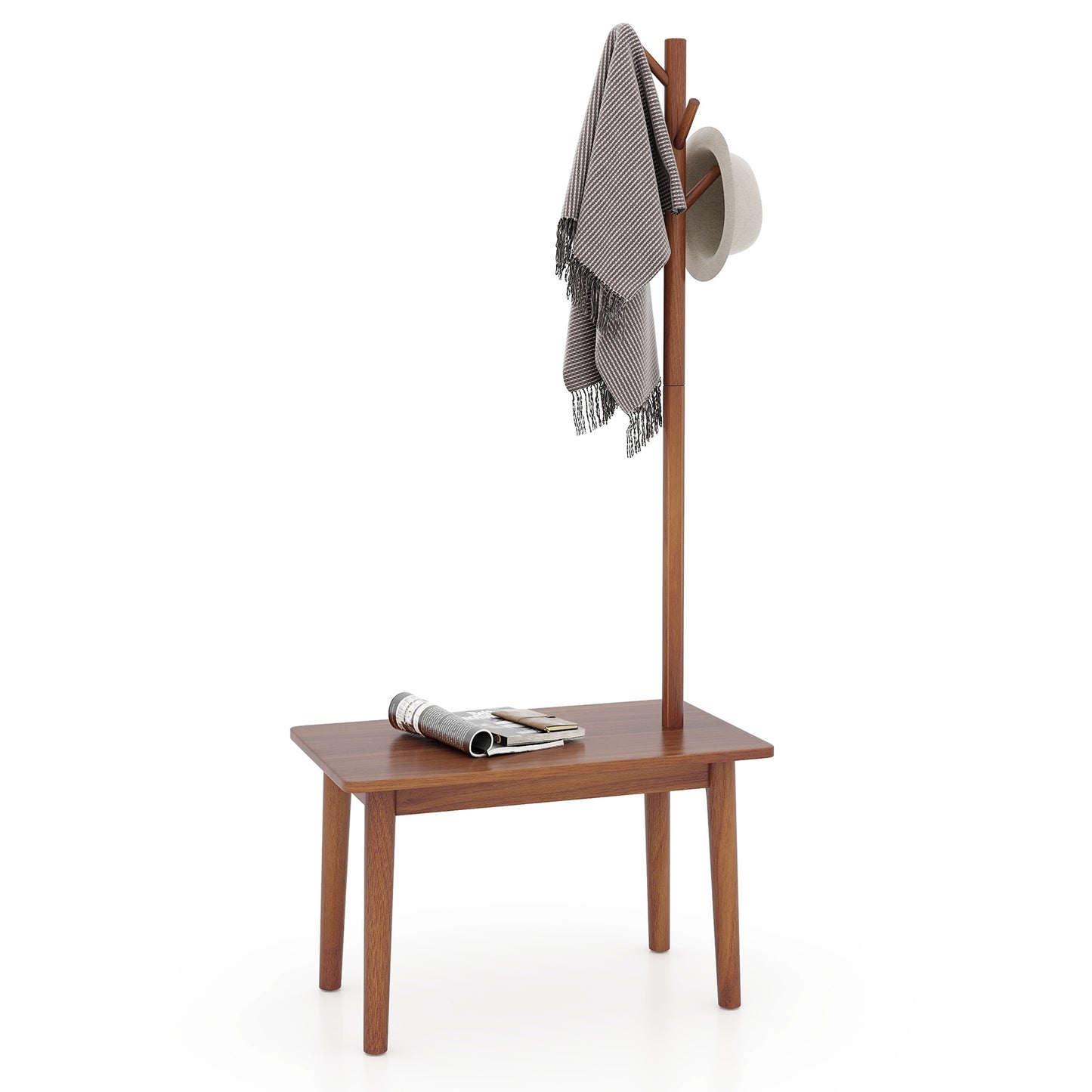 Solid Wood Coat Tree with 2-in-1 Side Table and 3 Hooks for Hats Bags Coats-Coffee, Costway, 1