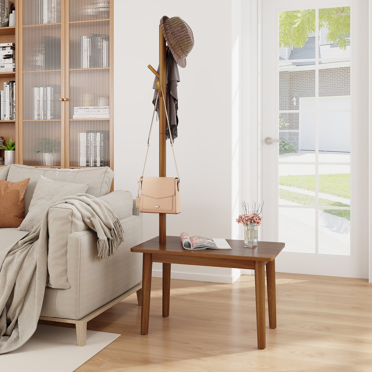 Solid Wood Coat Tree with 2-in-1 Side Table and 3 Hooks for Hats Bags Coats-Coffee, Costway, 5