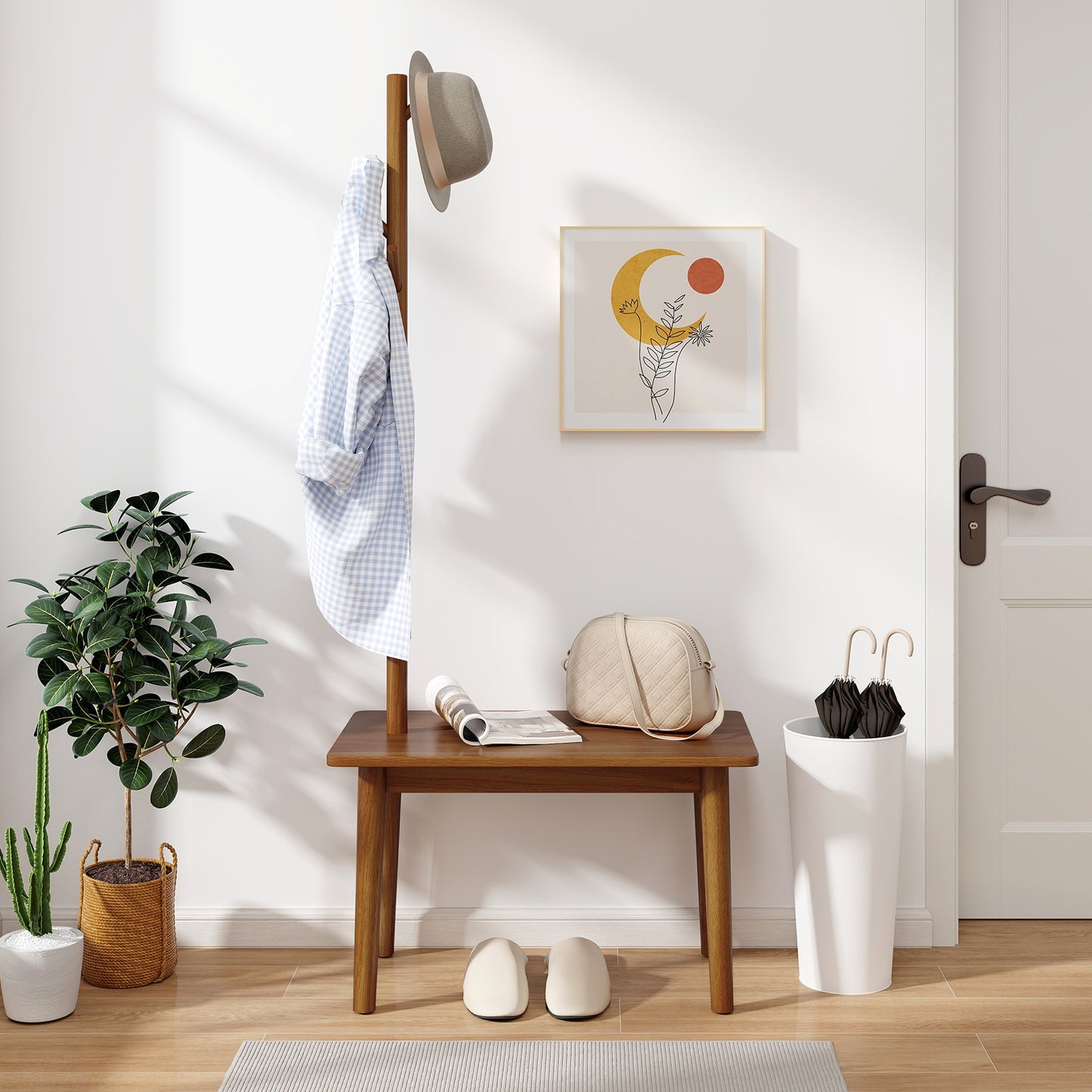 Solid Wood Coat Tree with 2-in-1 Side Table and 3 Hooks for Hats Bags Coats-Coffee, Costway, 6