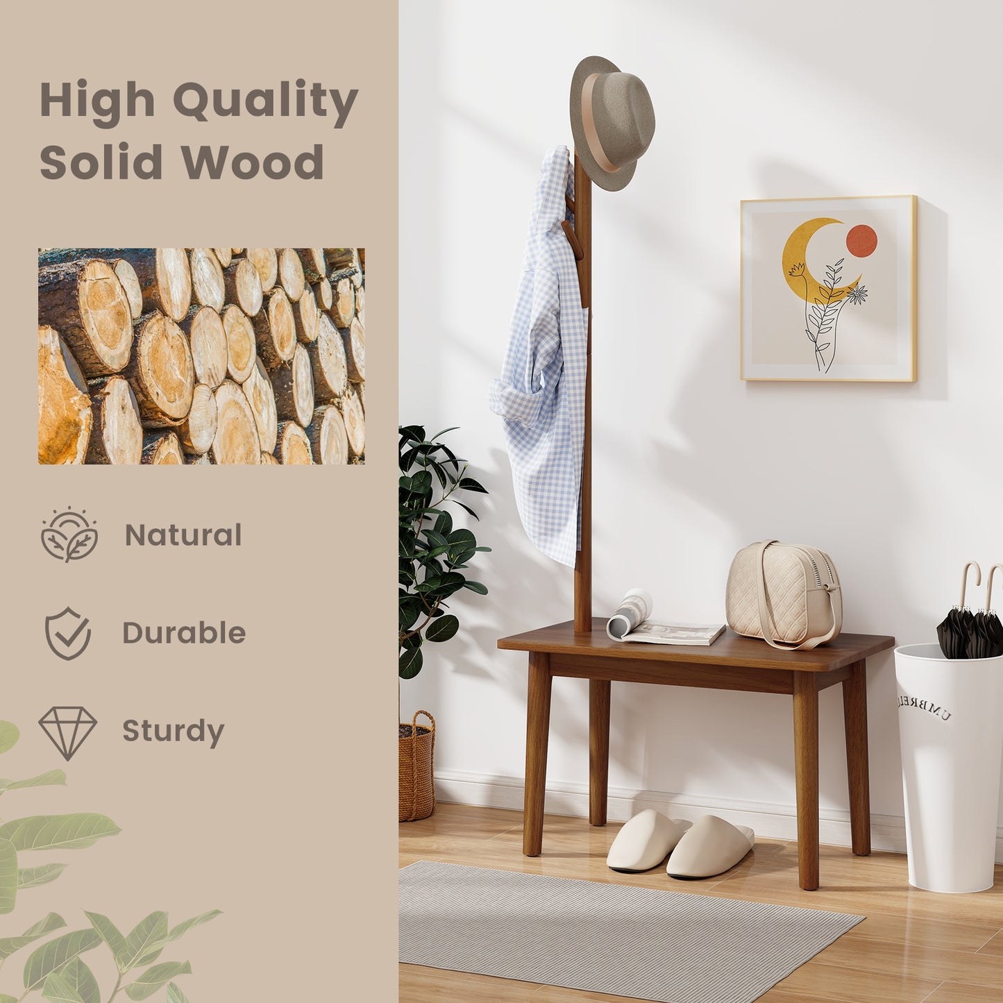 Solid Wood Coat Tree with 2-in-1 Side Table and 3 Hooks for Hats Bags Coats-Coffee, Costway, 7