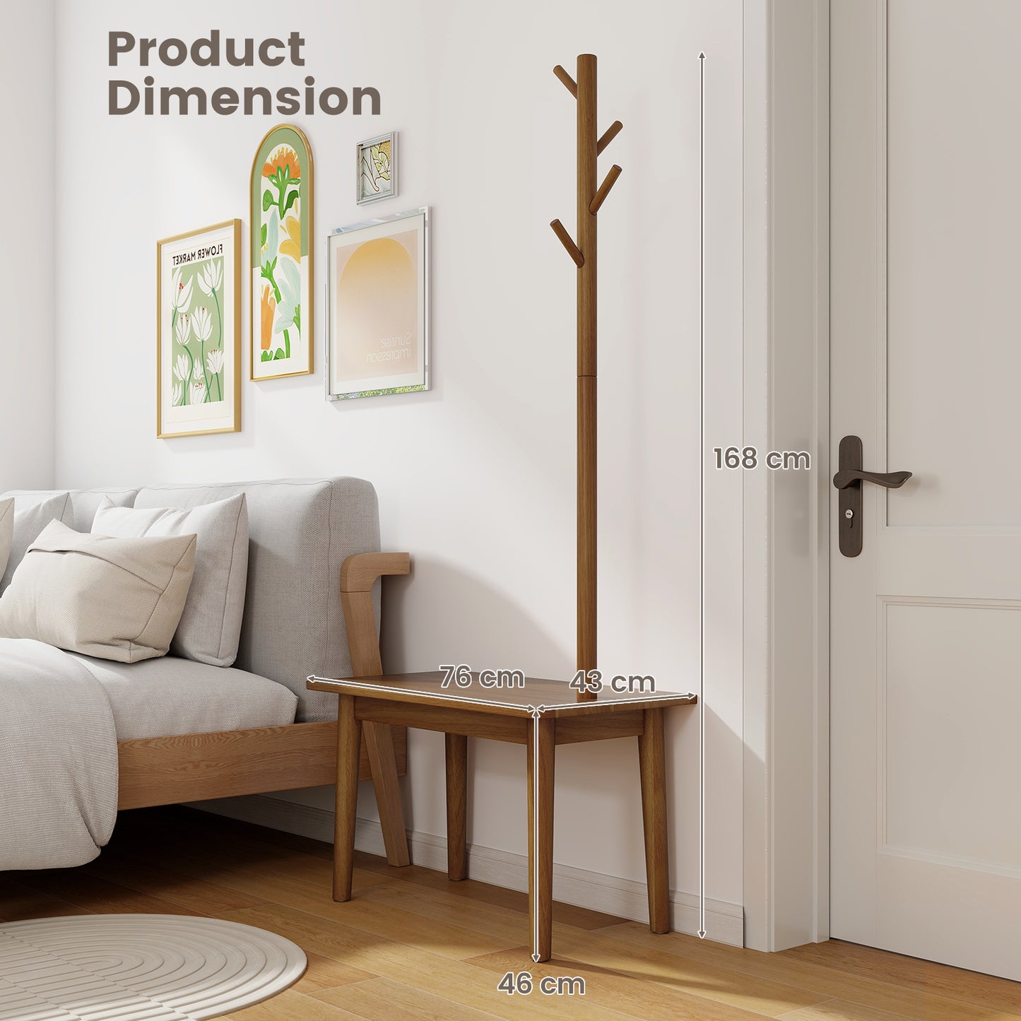 Solid Wood Coat Tree with 2-in-1 Side Table and 3 Hooks for Hats Bags Coats-Coffee, Costway, 4