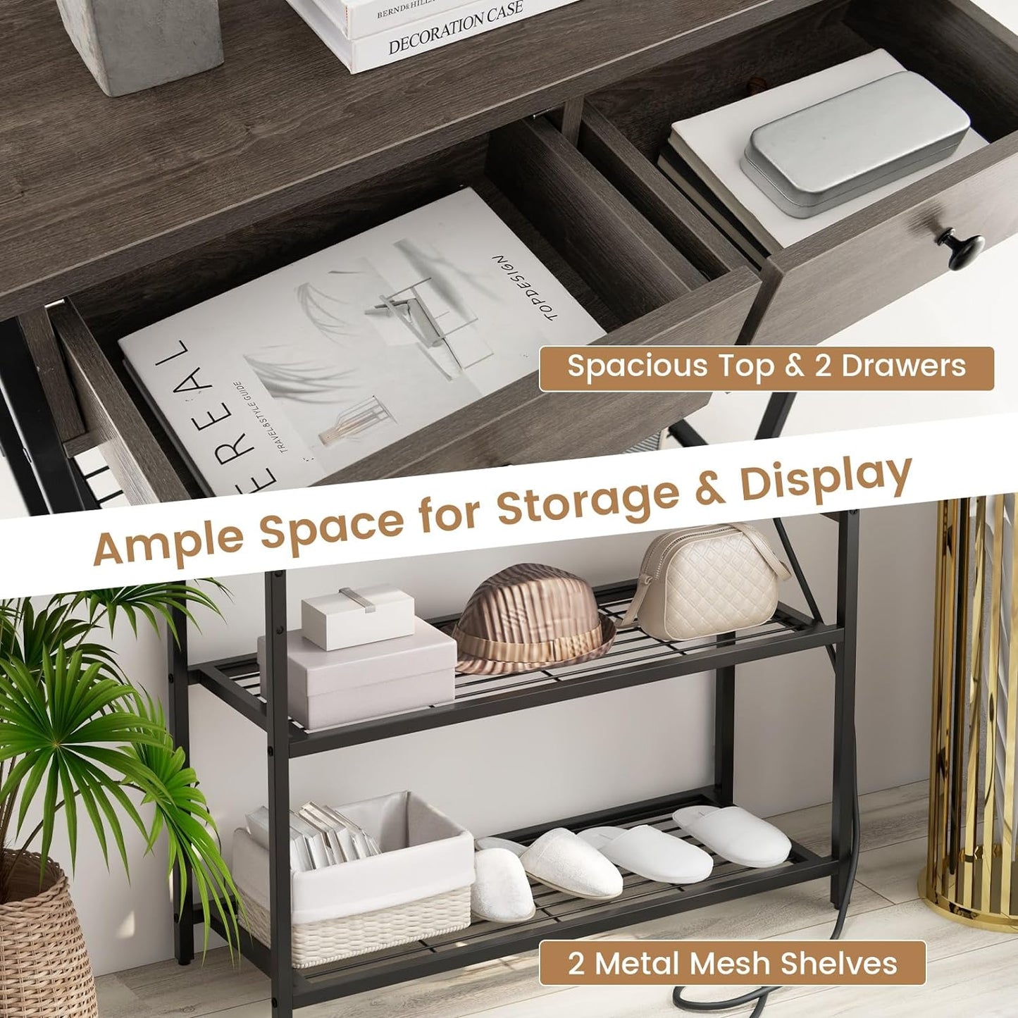 Entryway Narrow Console Table with Charging Station-Grey, Costway, 7