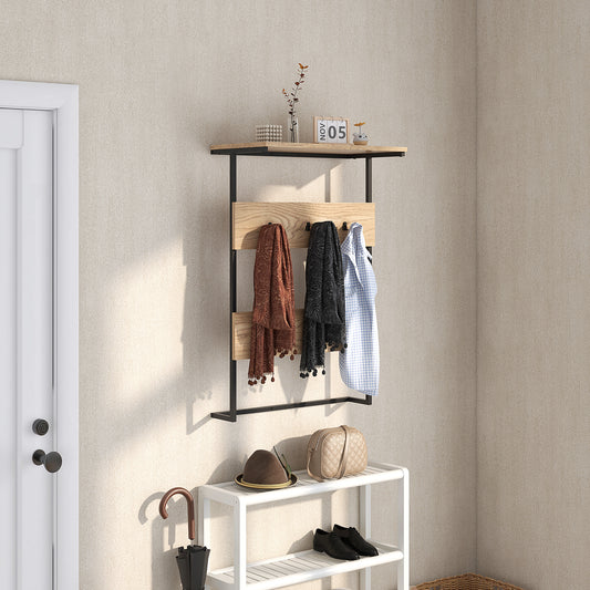 Entryway Wall Coat Rack with 6 Hooks and Display Shelf-Natural, Costway, 2