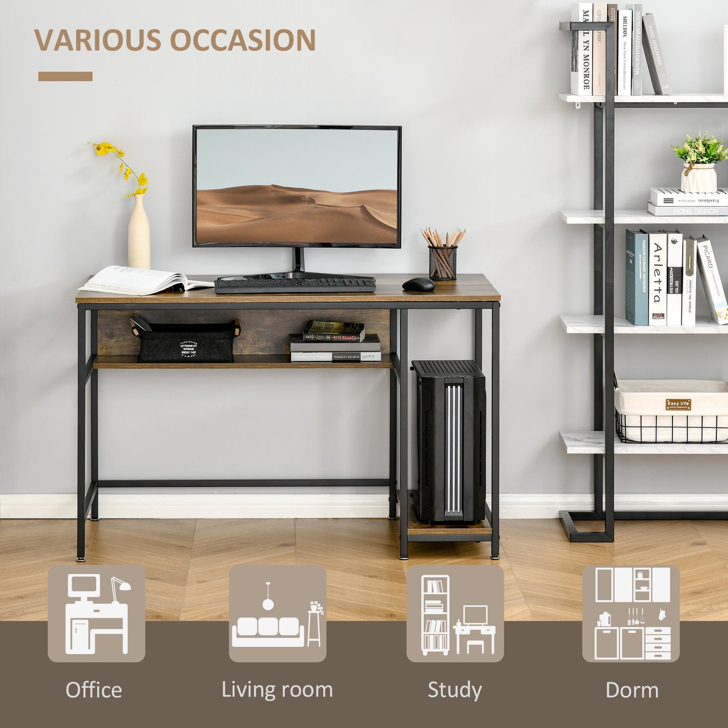 Computer Desk with Storage, 120 x 60cm Home Office Desk with 2 Shelves and Steel Frame, Writing Table for Living Room, Study, Rustic Brown, HOMCOM, 6