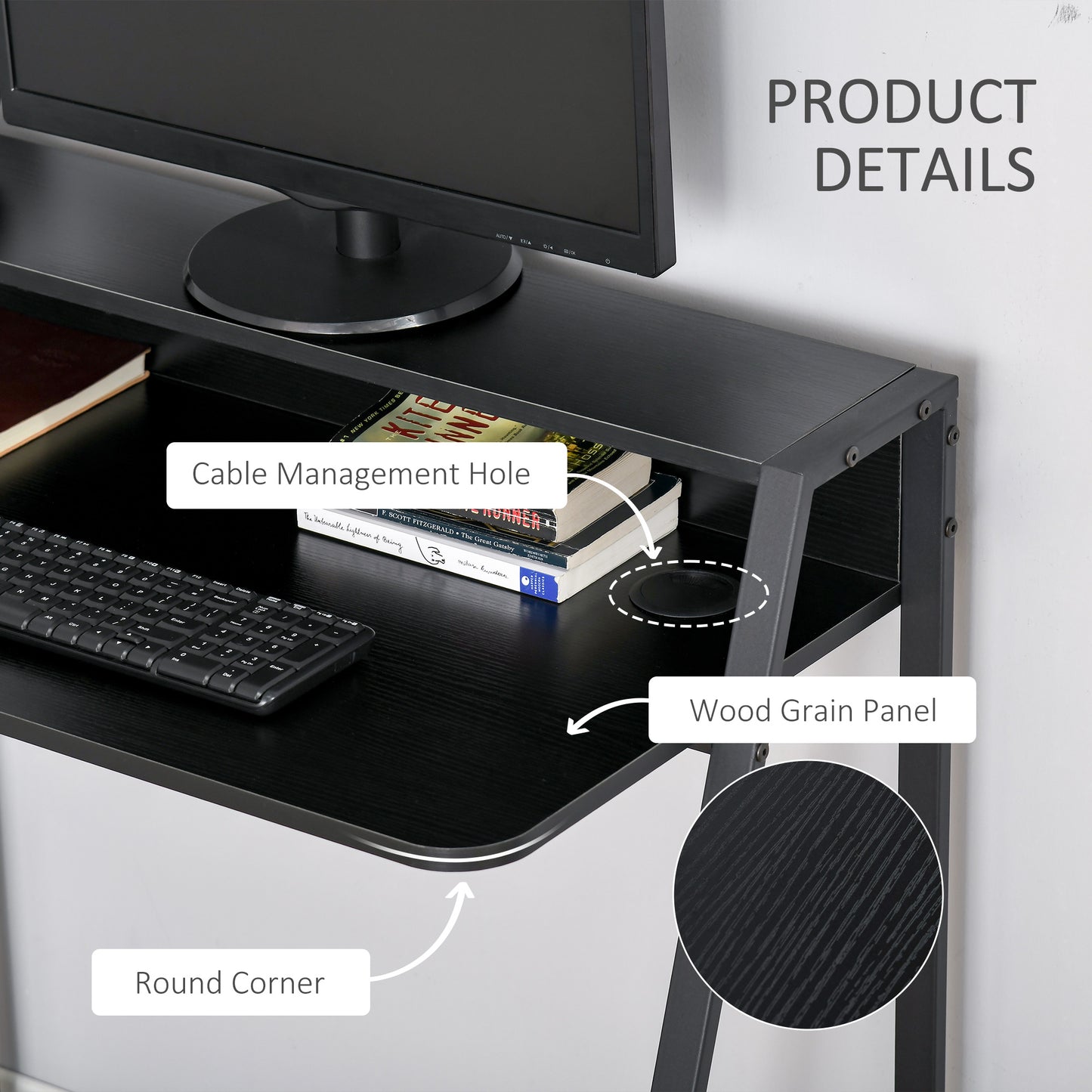 Writing Desk Computer Table Home Office PC Laptop Workstation Storage Shelf 84L x 45W cm Black, HOMCOM, 6